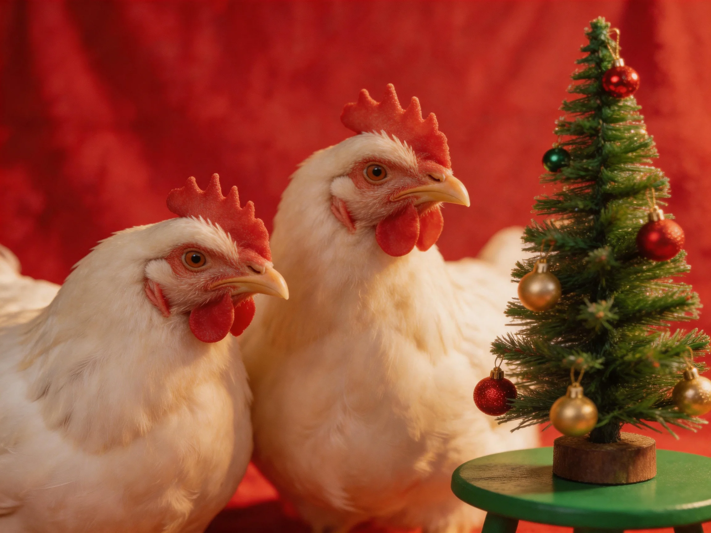 Two white chickens beside a decorated miniature Christmas tree