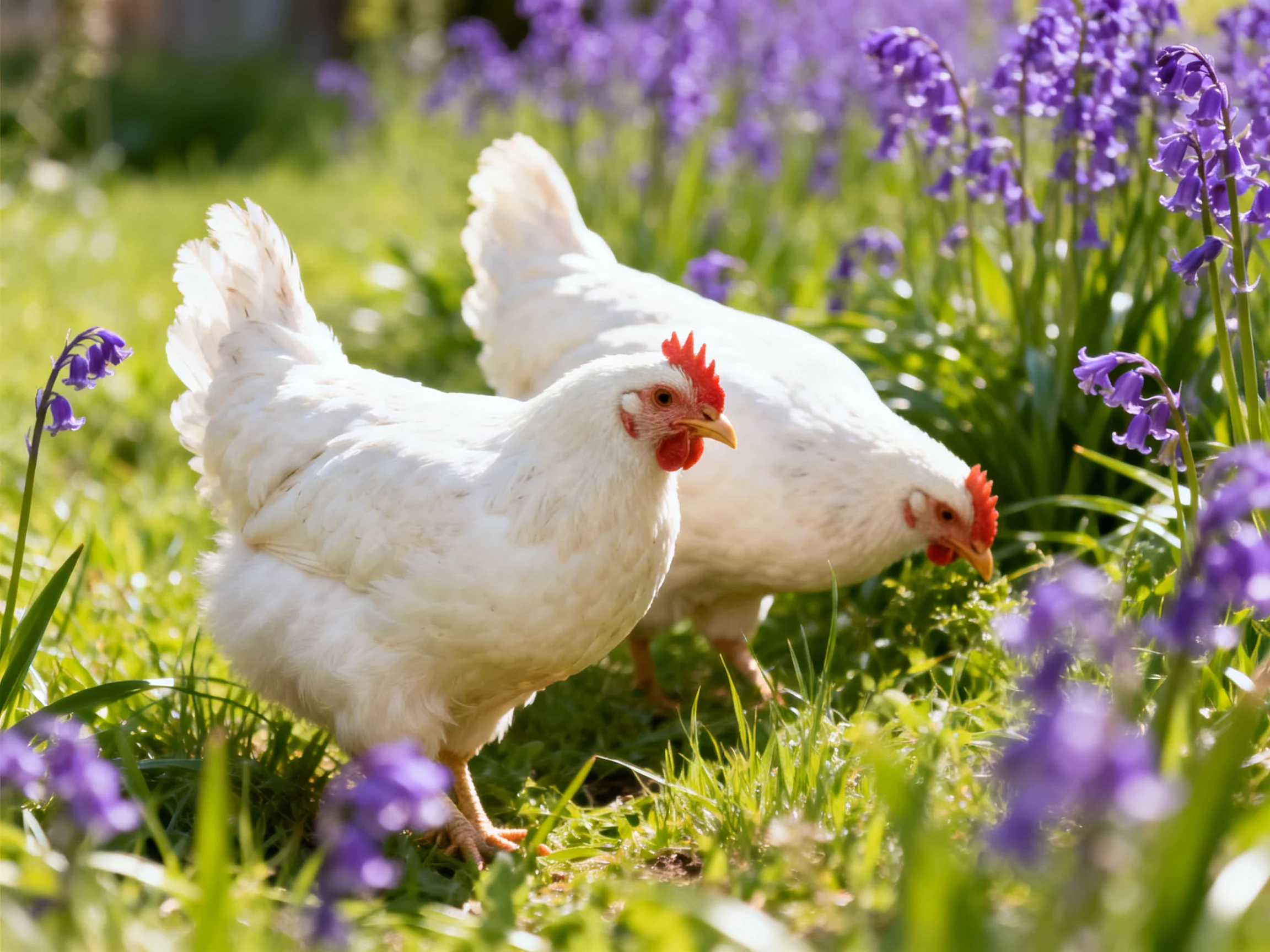 Two white chickens foraging near vibrant purple flowers and green grass