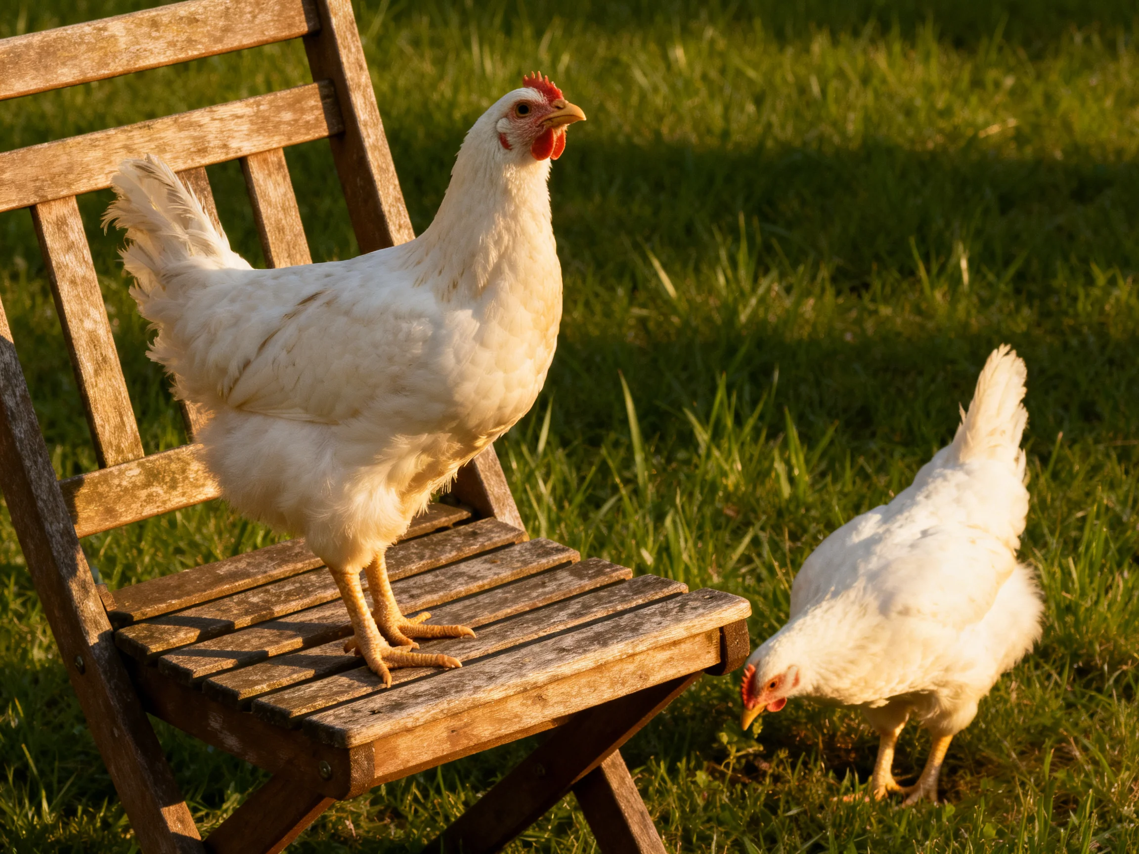 Two white chickens near a weathered wooden chair on green grass