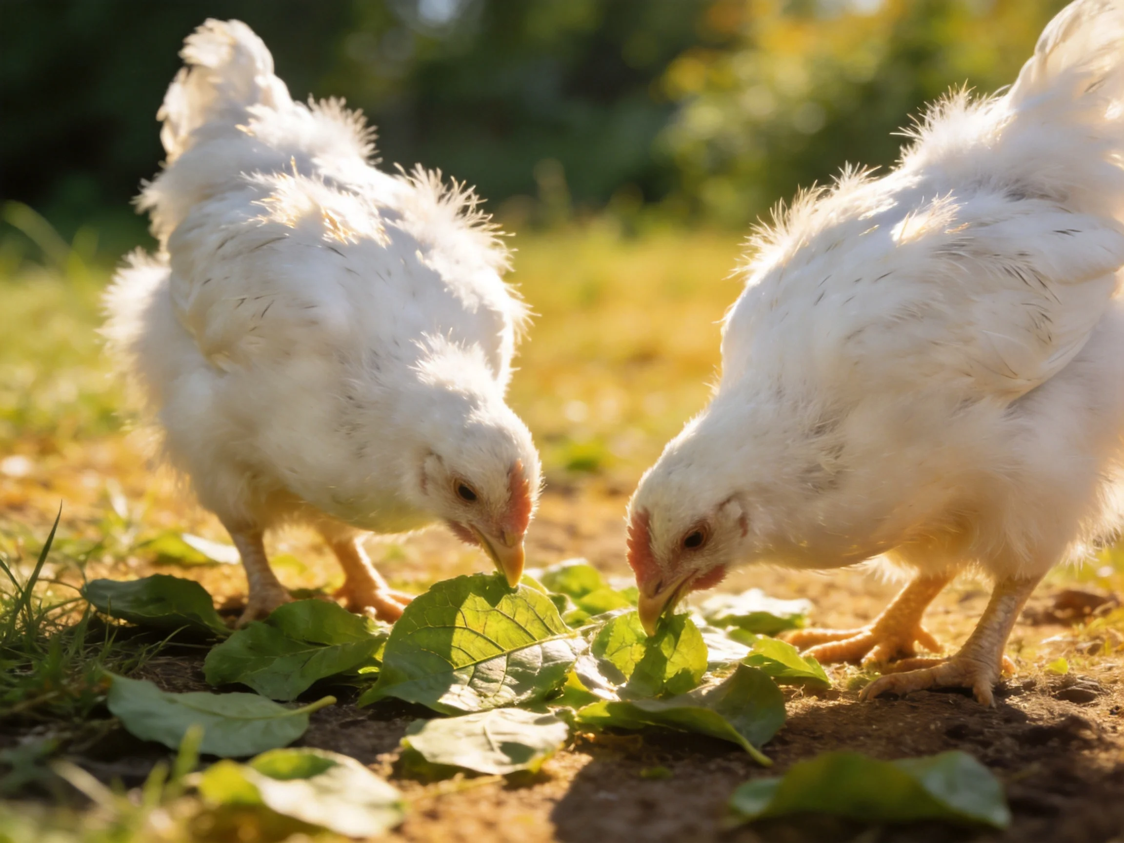 Two white chickens pecking at green leaves in a sunlit outdoor setting