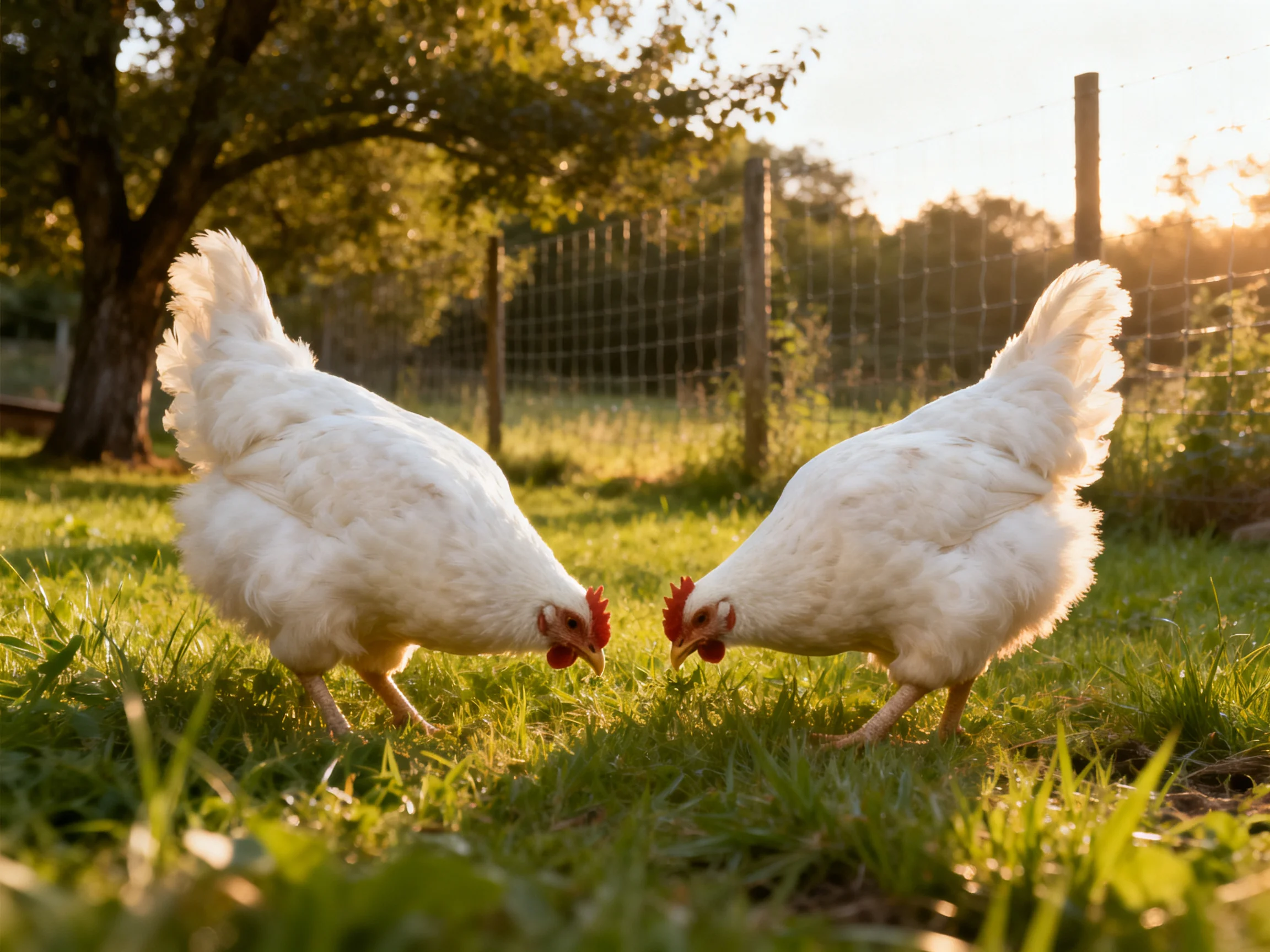 Two white chickens pecking grass near a fenced farm area