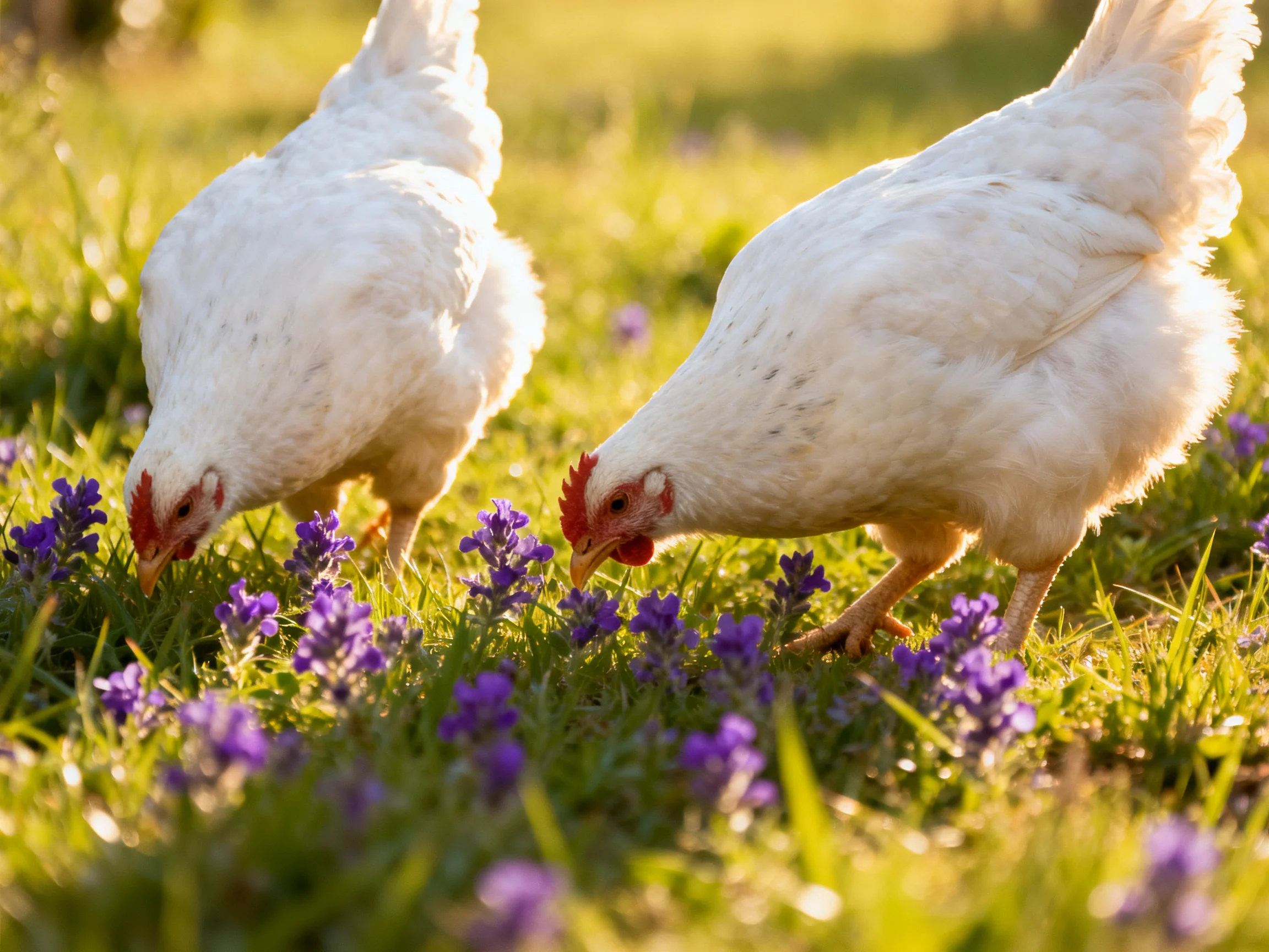 Two white chickens pecking purple wildflowers in golden sunlight
