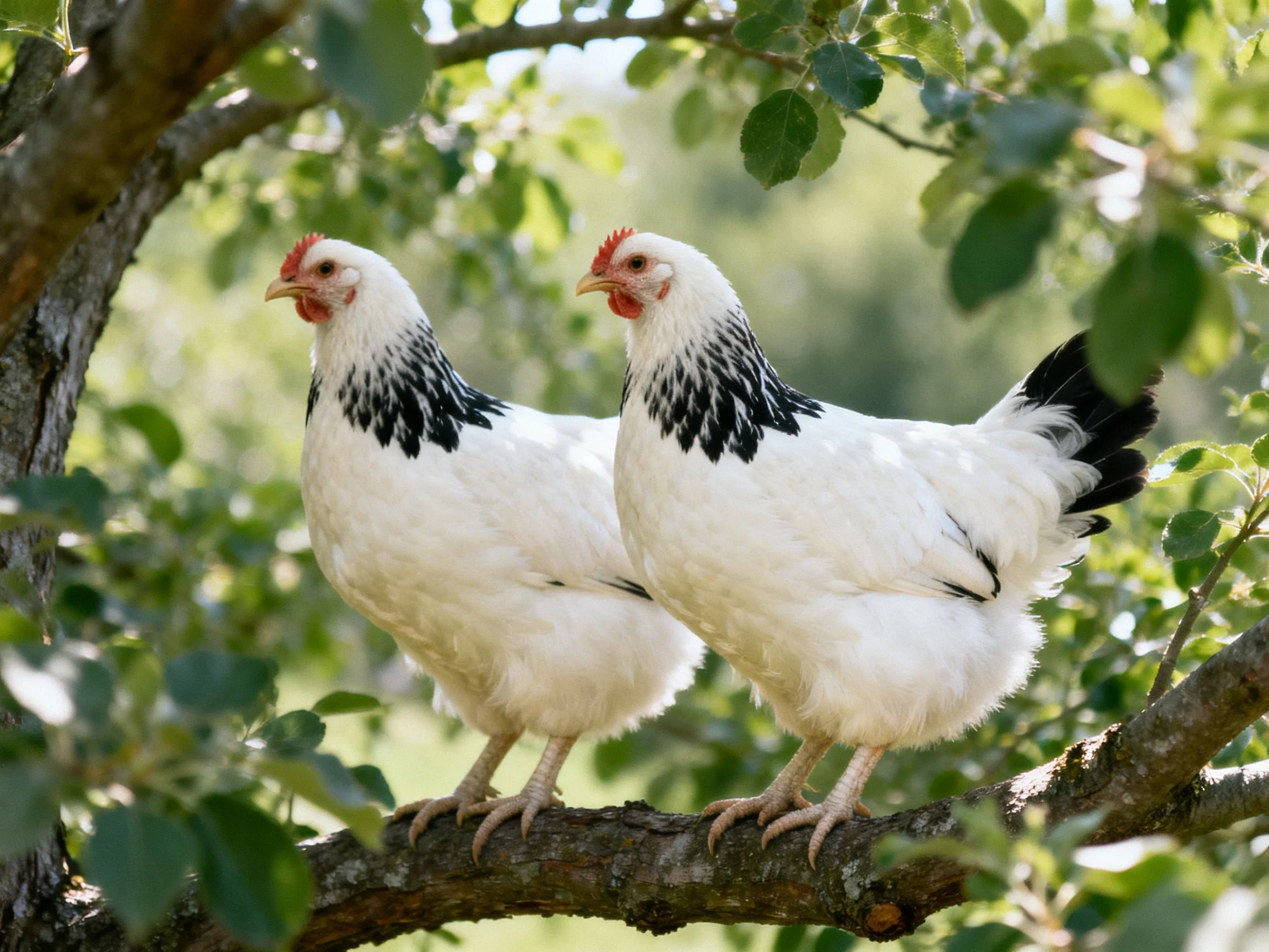 Two white chickens with black markings perch on a leafy tree branch
