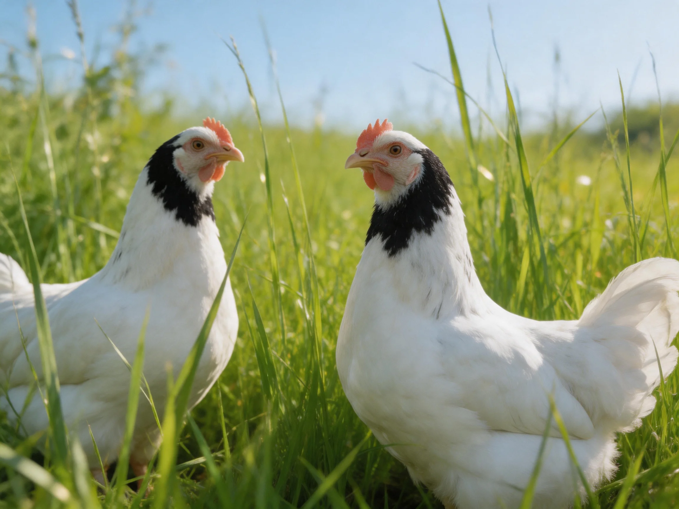 Two white chickens with black neck markings in lush green grass