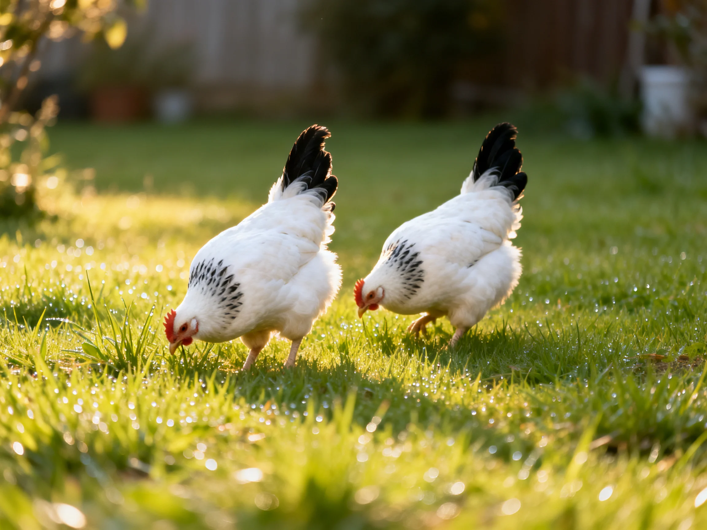 Two white chickens with black tail feathers foraging in green grass