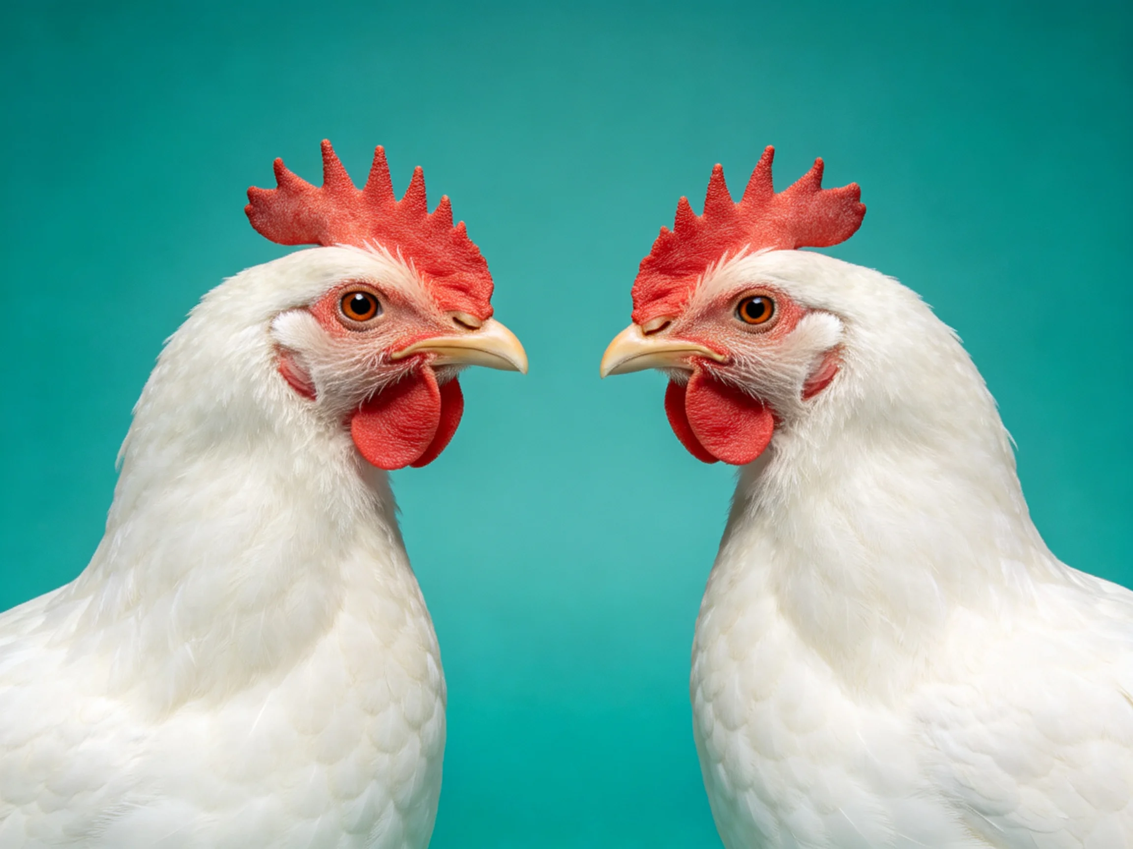 Two white chickens with bright red combs face each other on a turquoise backdrop