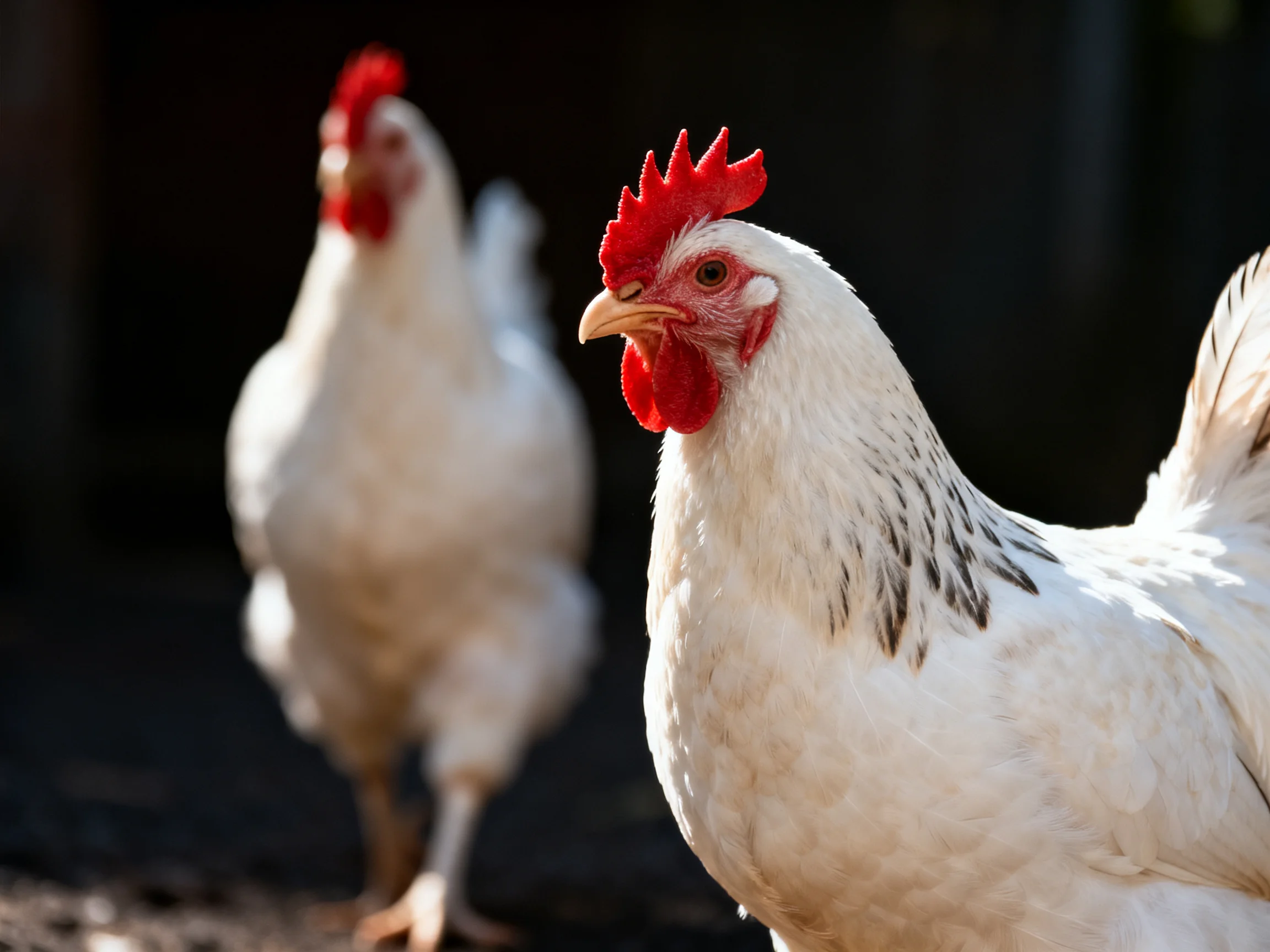 Two white chickens with red combs in a dark outdoor setting