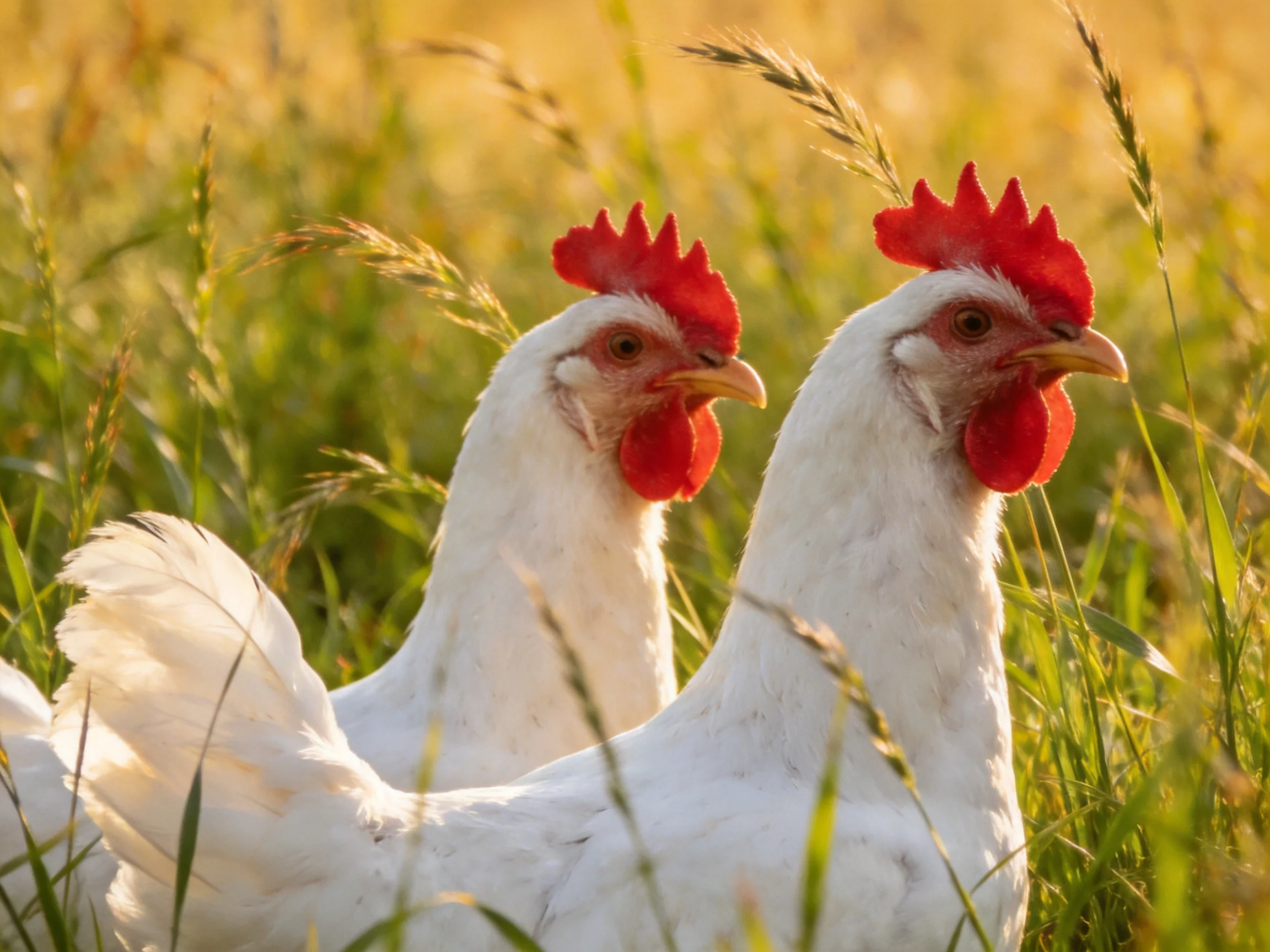 Two white chickens with red combs in sunlit grassy field