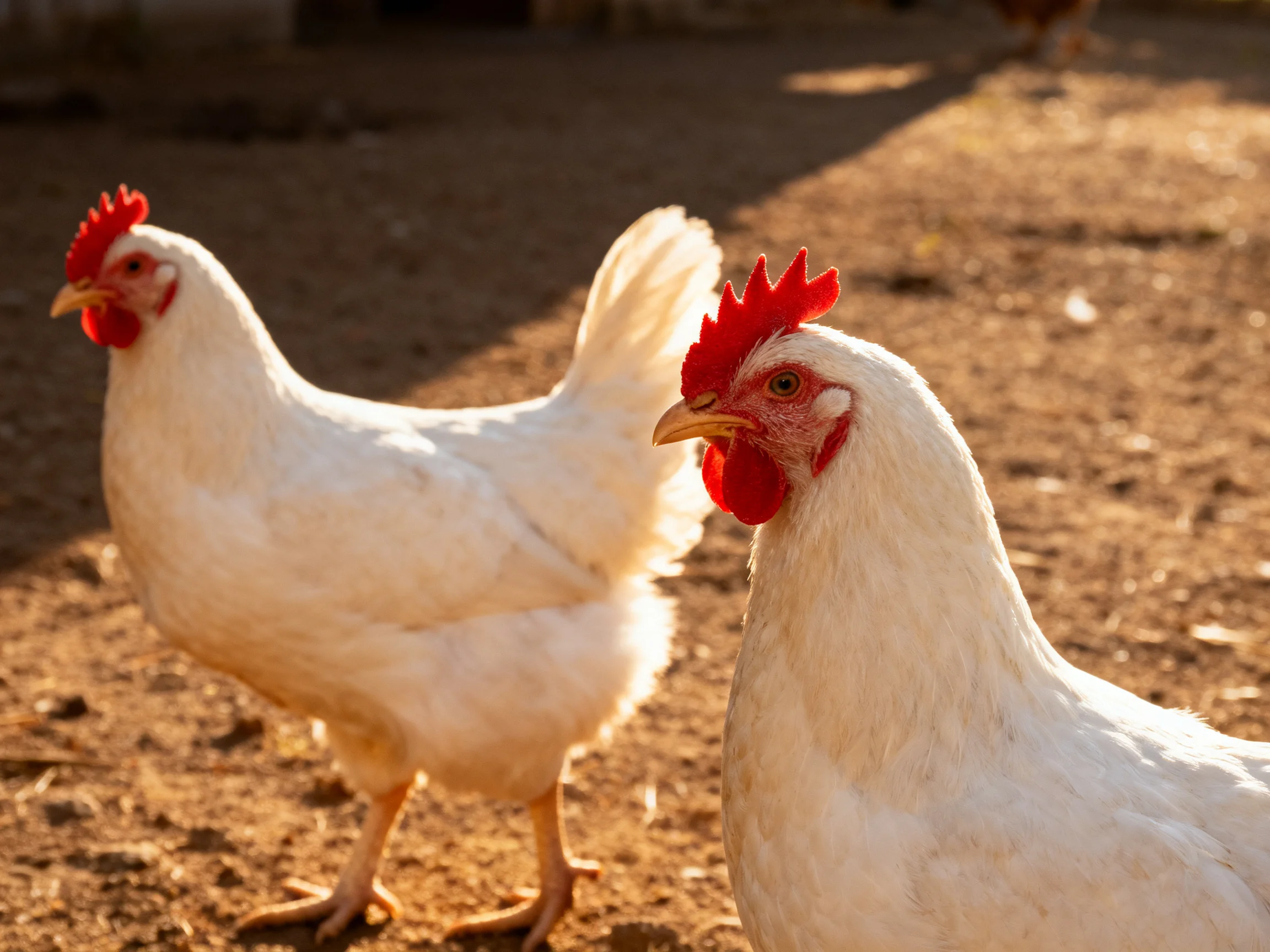 Two white chickens with red combs on a sunlit dirt path