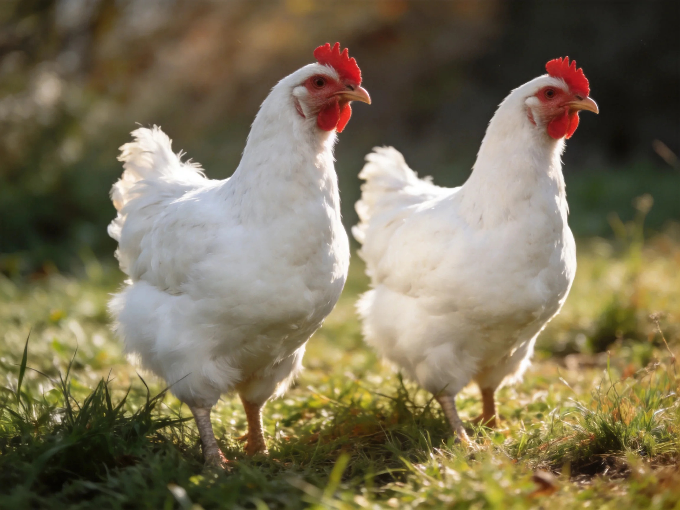 Two white chickens with red combs walking on green grass