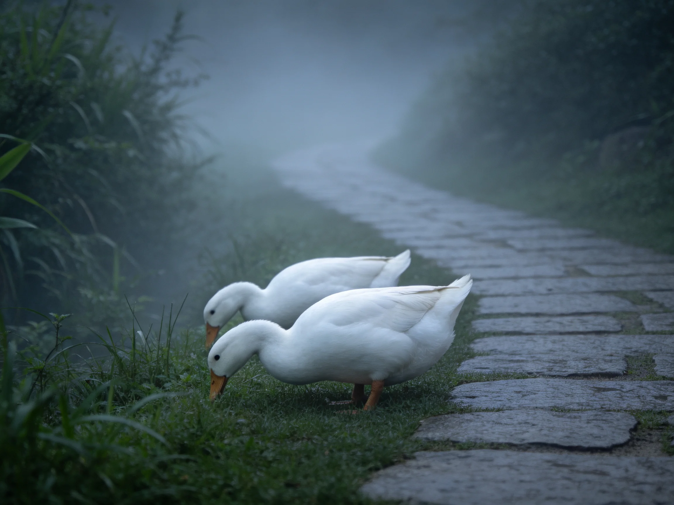 Two white ducks forage beside a misty stone path amid lush greenery