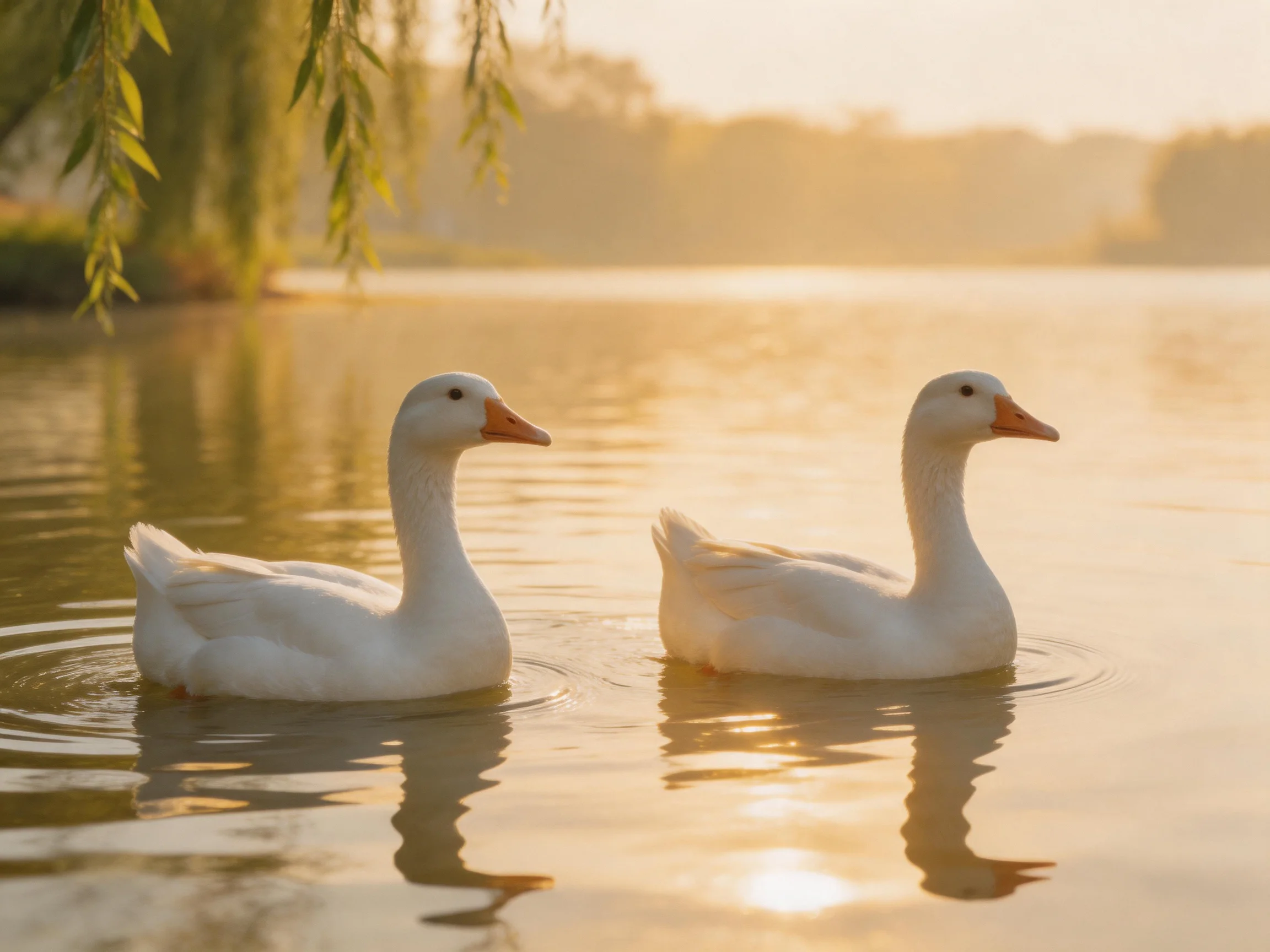 Two white ducks glide across calm water near a willow tree under golden sunlight