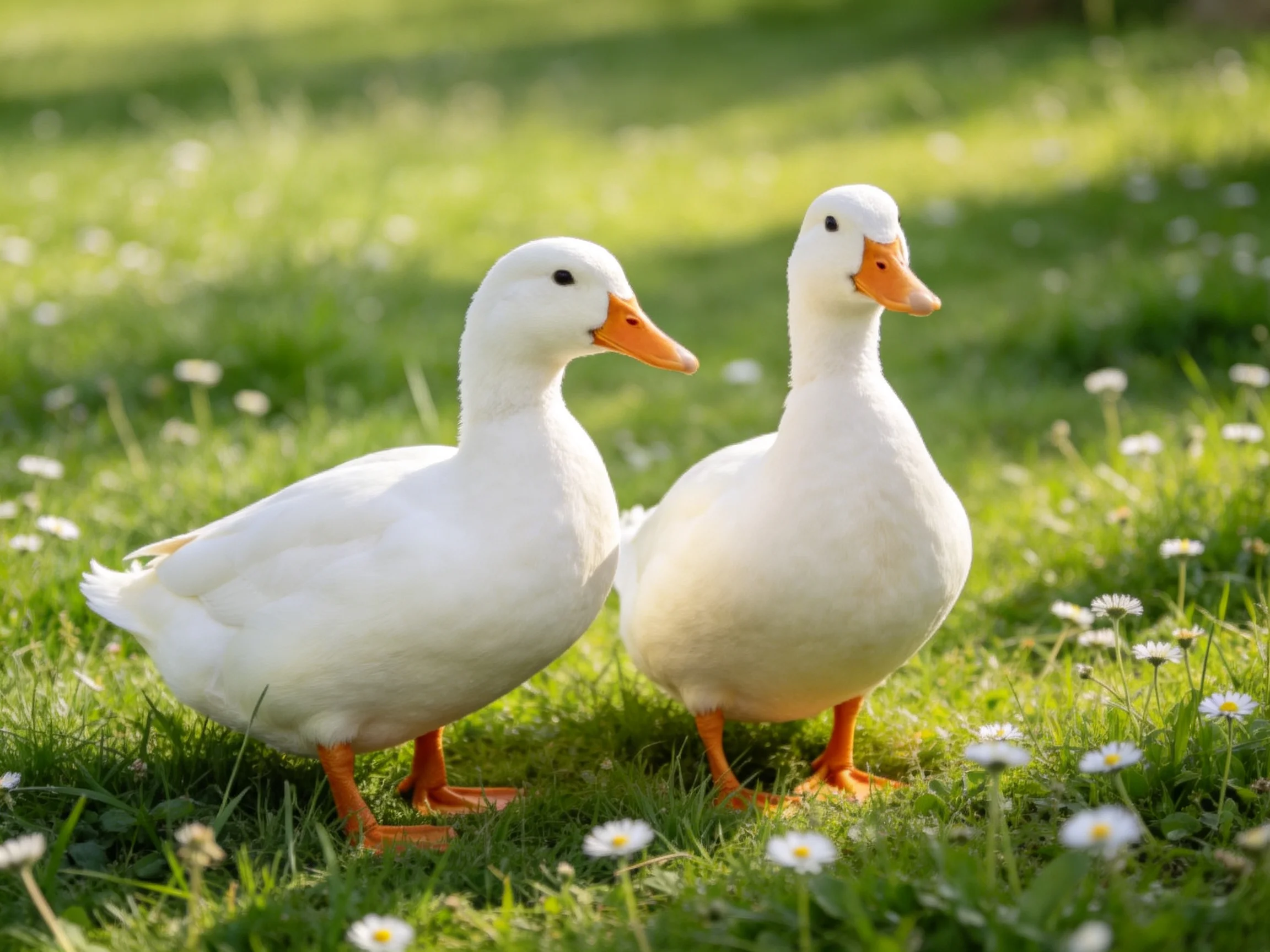 Two white ducks standing on a flower-speckled green lawn