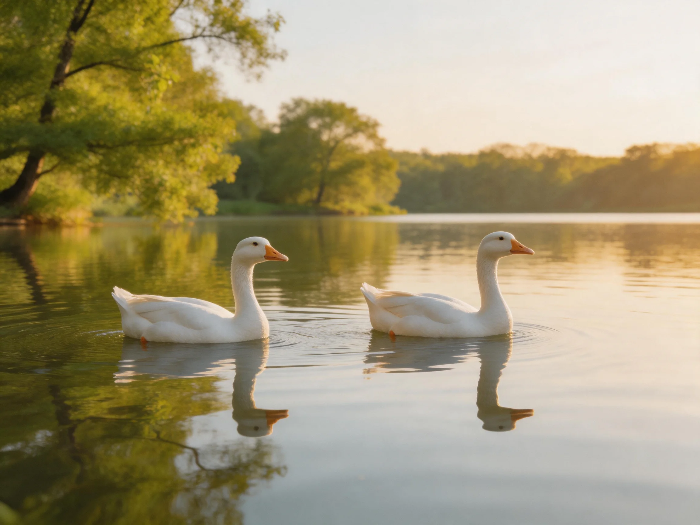 Two white ducks swim in a calm lake with green trees and golden sunlight