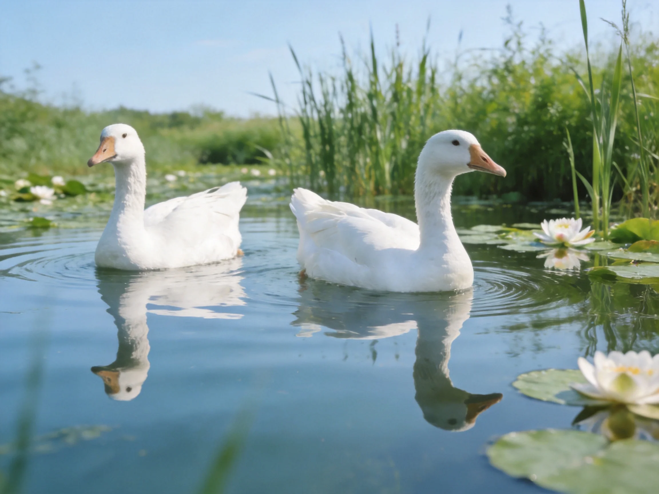 Two white ducks swim in calm water near lily pads and tall greenery