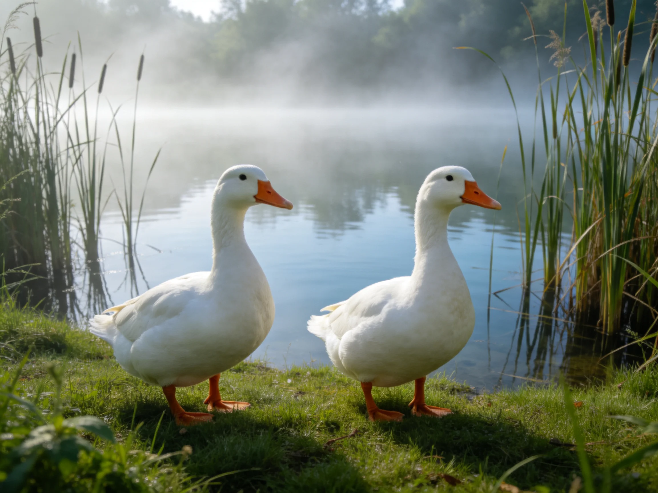 Two white ducks with orange beaks on green grass near a misty lake with reeds
