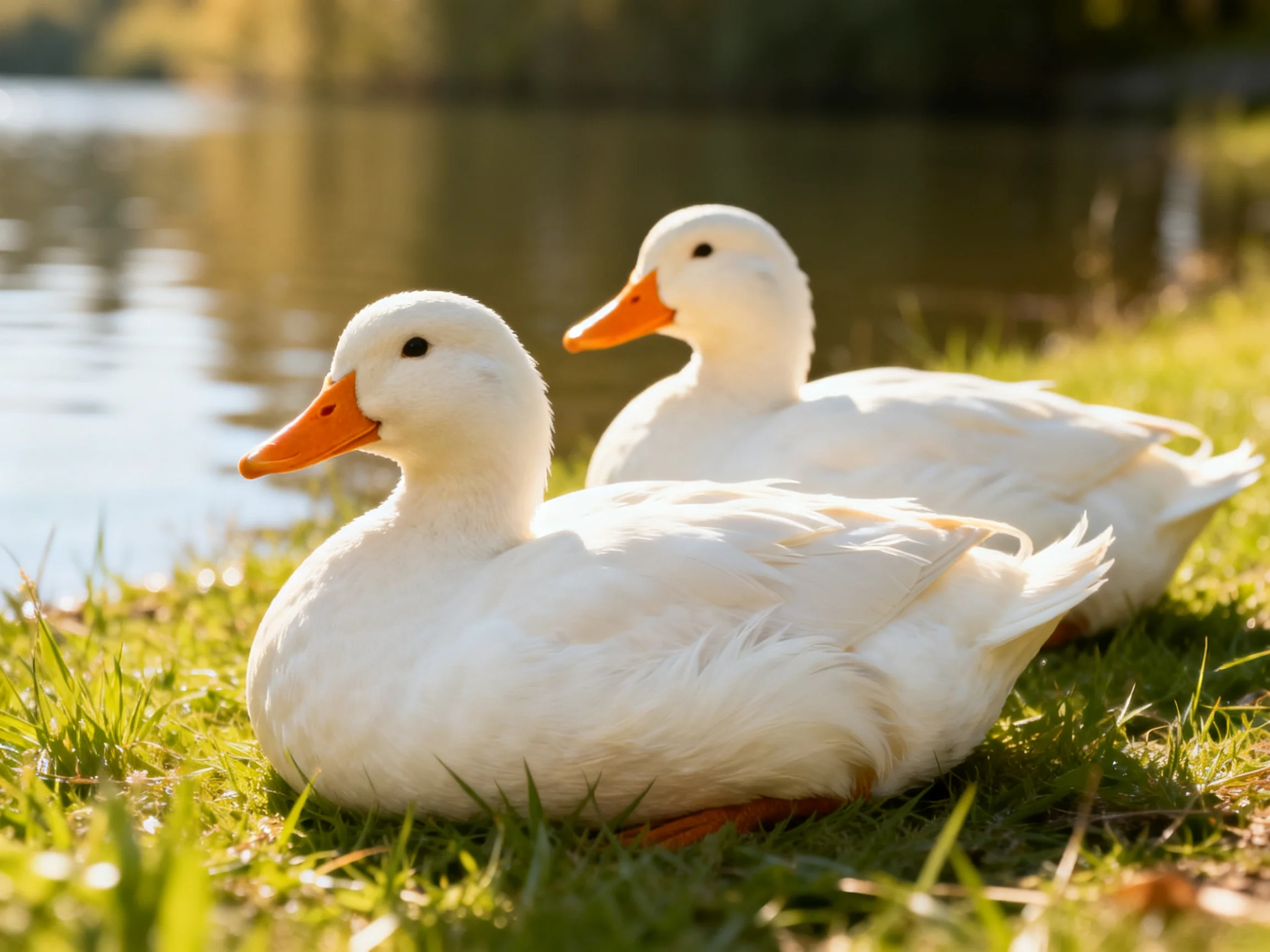 Two white ducks with orange beaks rest on lush grass beside calm water