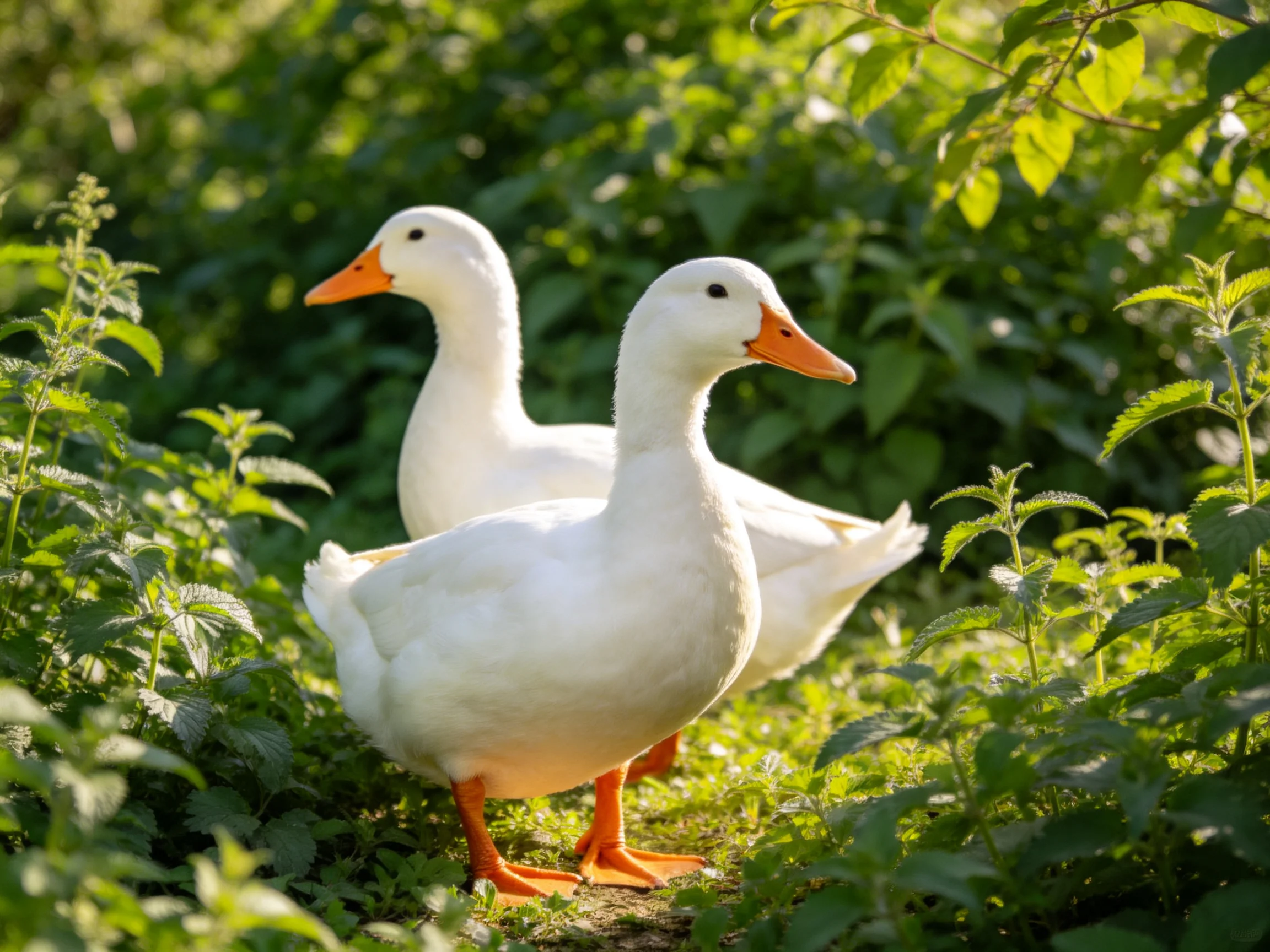 Two white ducks with orange beaks walk through dense green vegetation