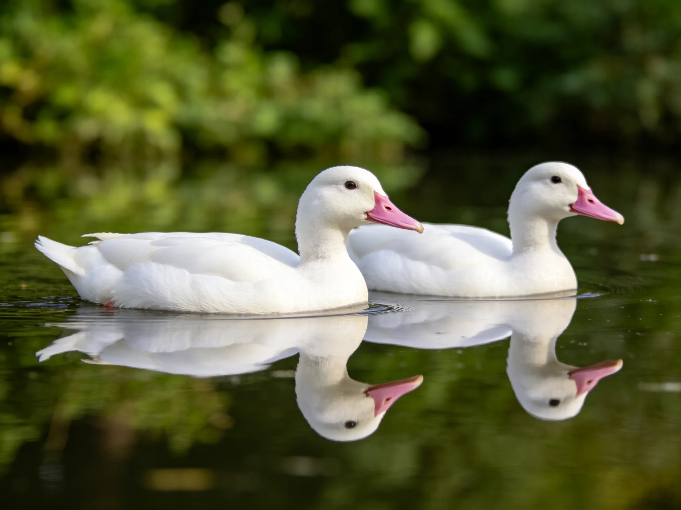 Two white ducks with pink beaks swim in calm water reflecting greenery