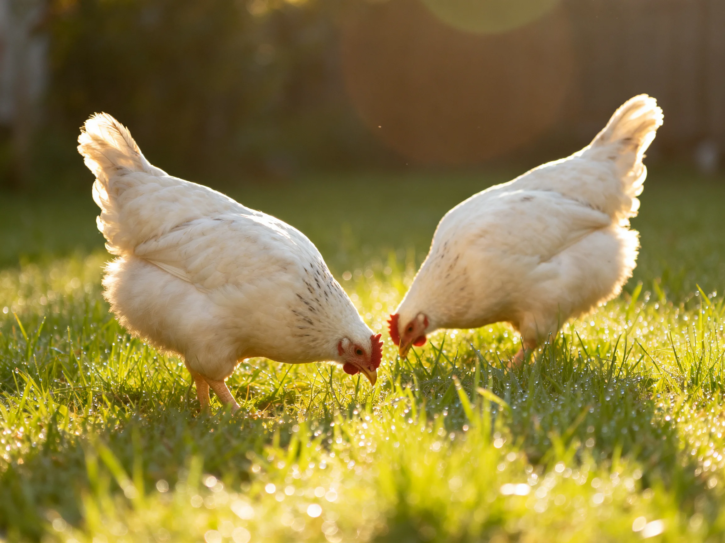 Two white feathered chickens pecking at sunlit green grass