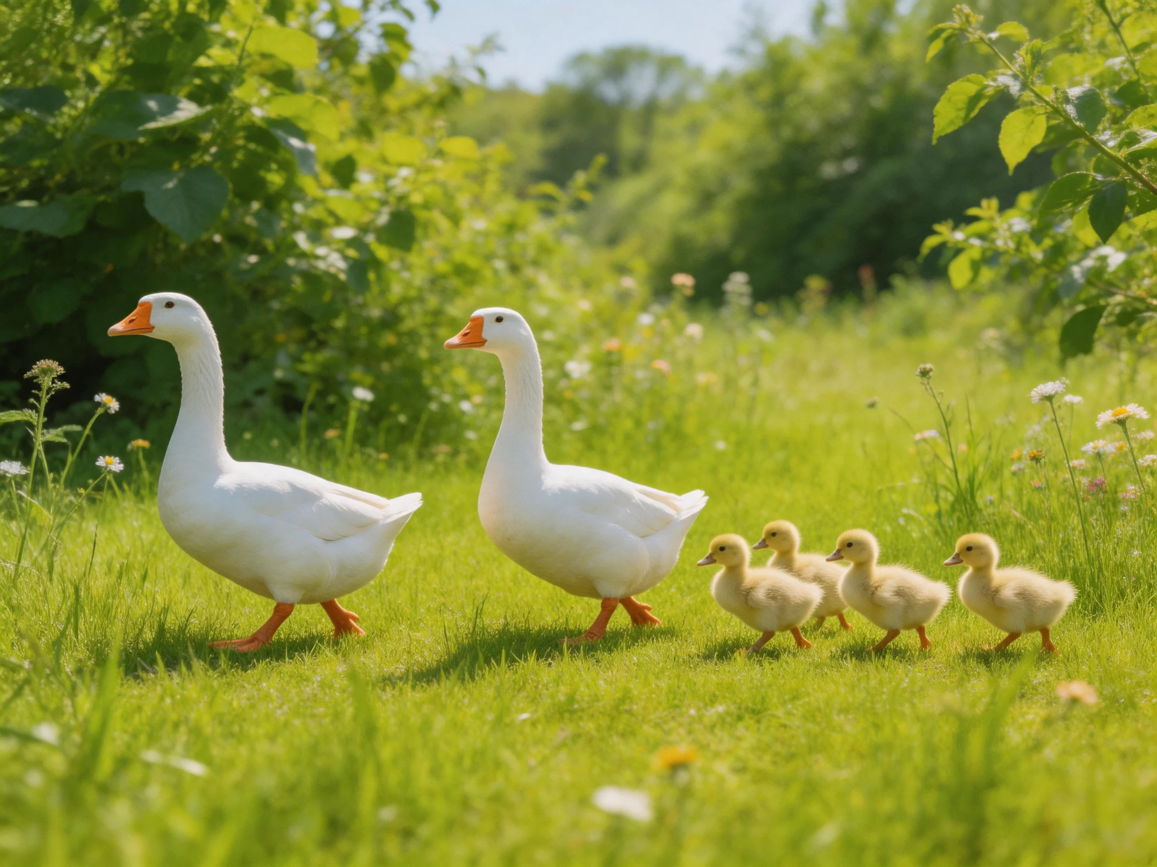 Two white geese lead four yellow goslings through a lush green meadow