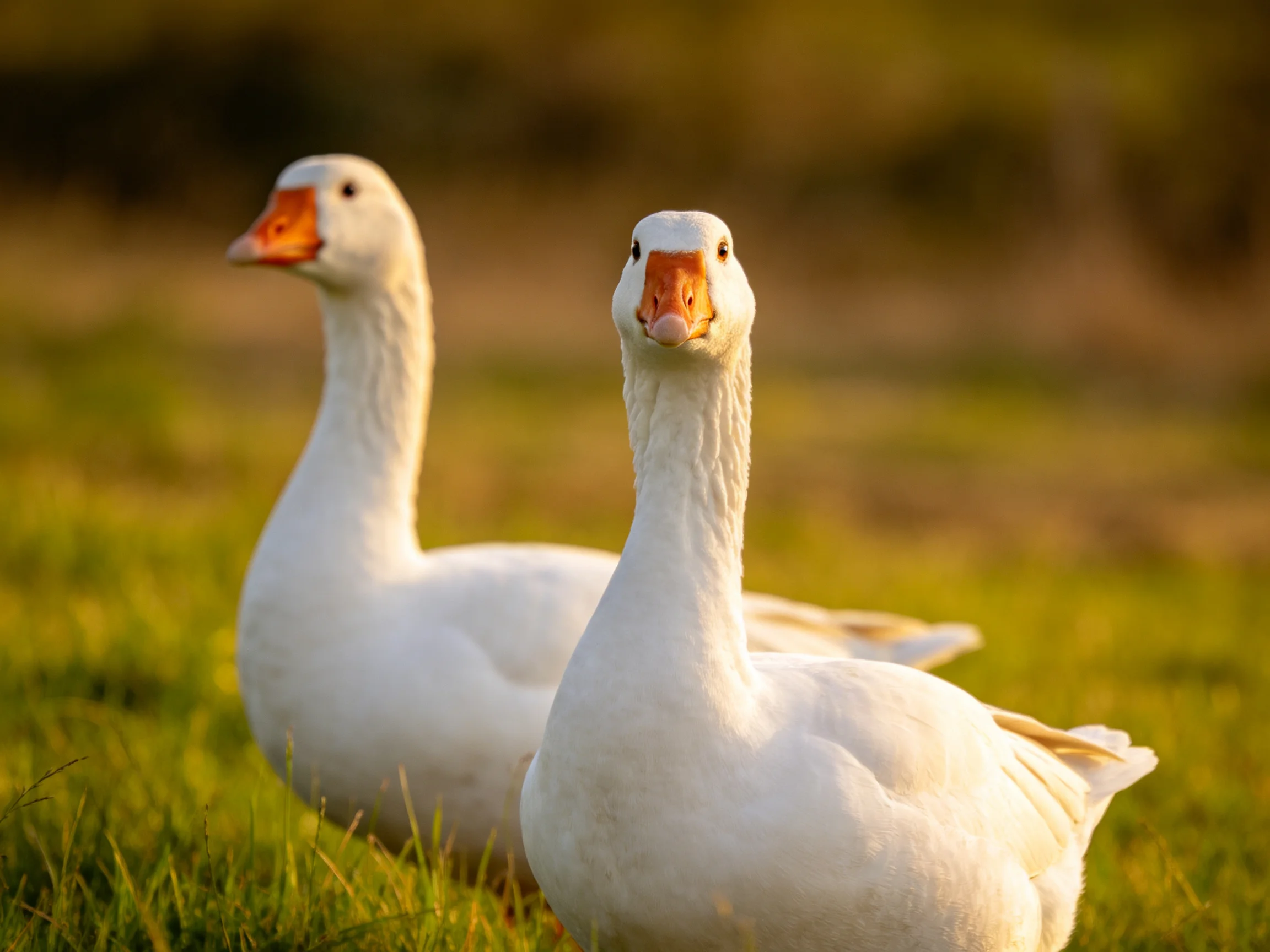 Two white geese on lush green grass bathed in golden sunlight