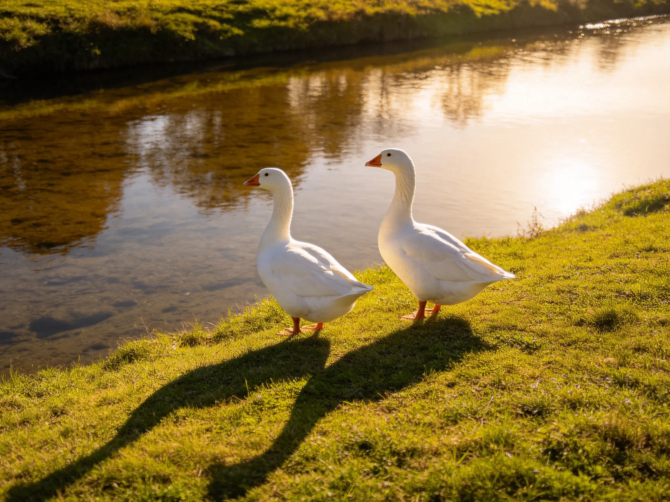 Two white geese stand by a sunlit river with green grassy banks.