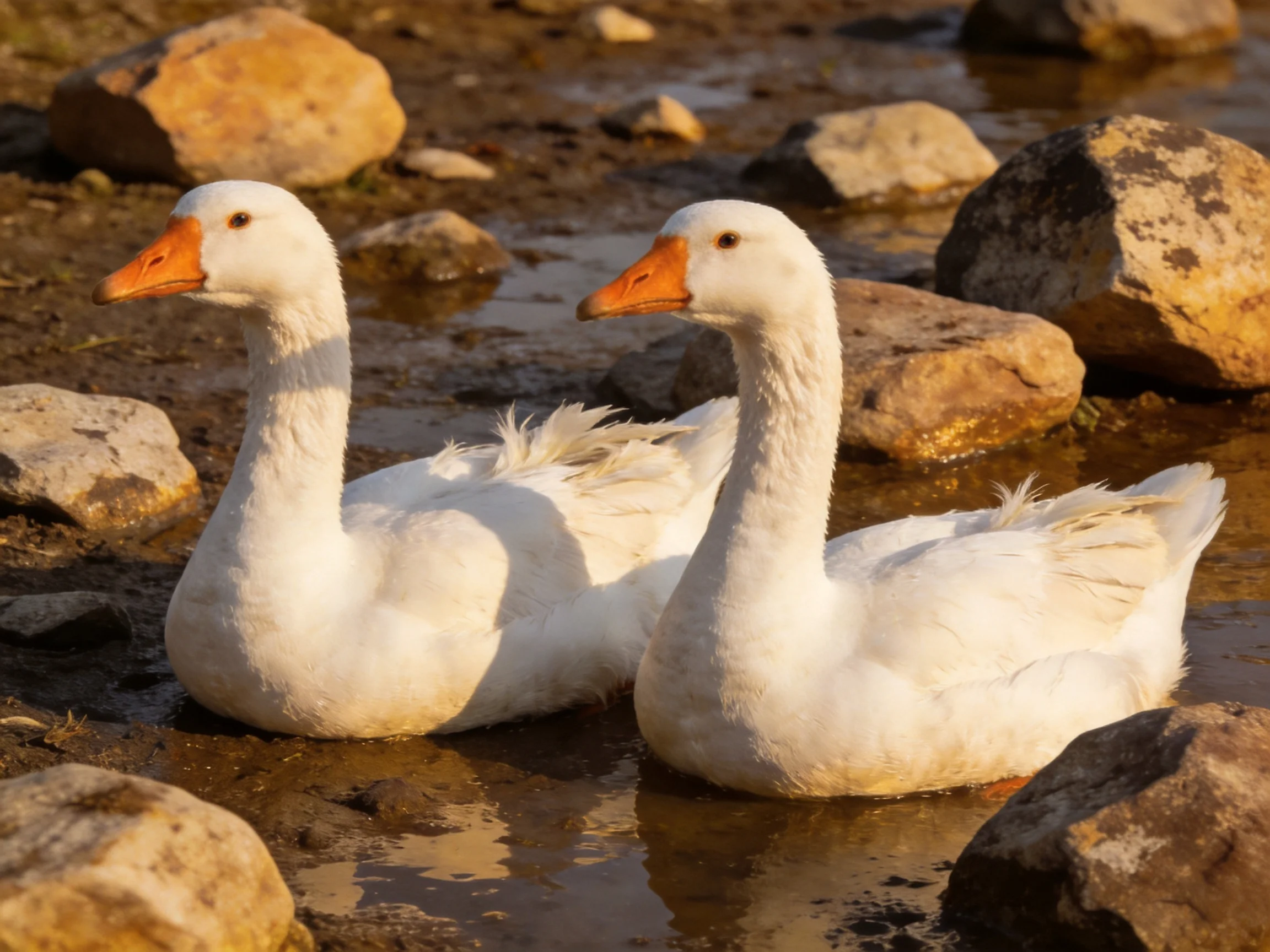 Two white geese swim among brown rocks in shallow water