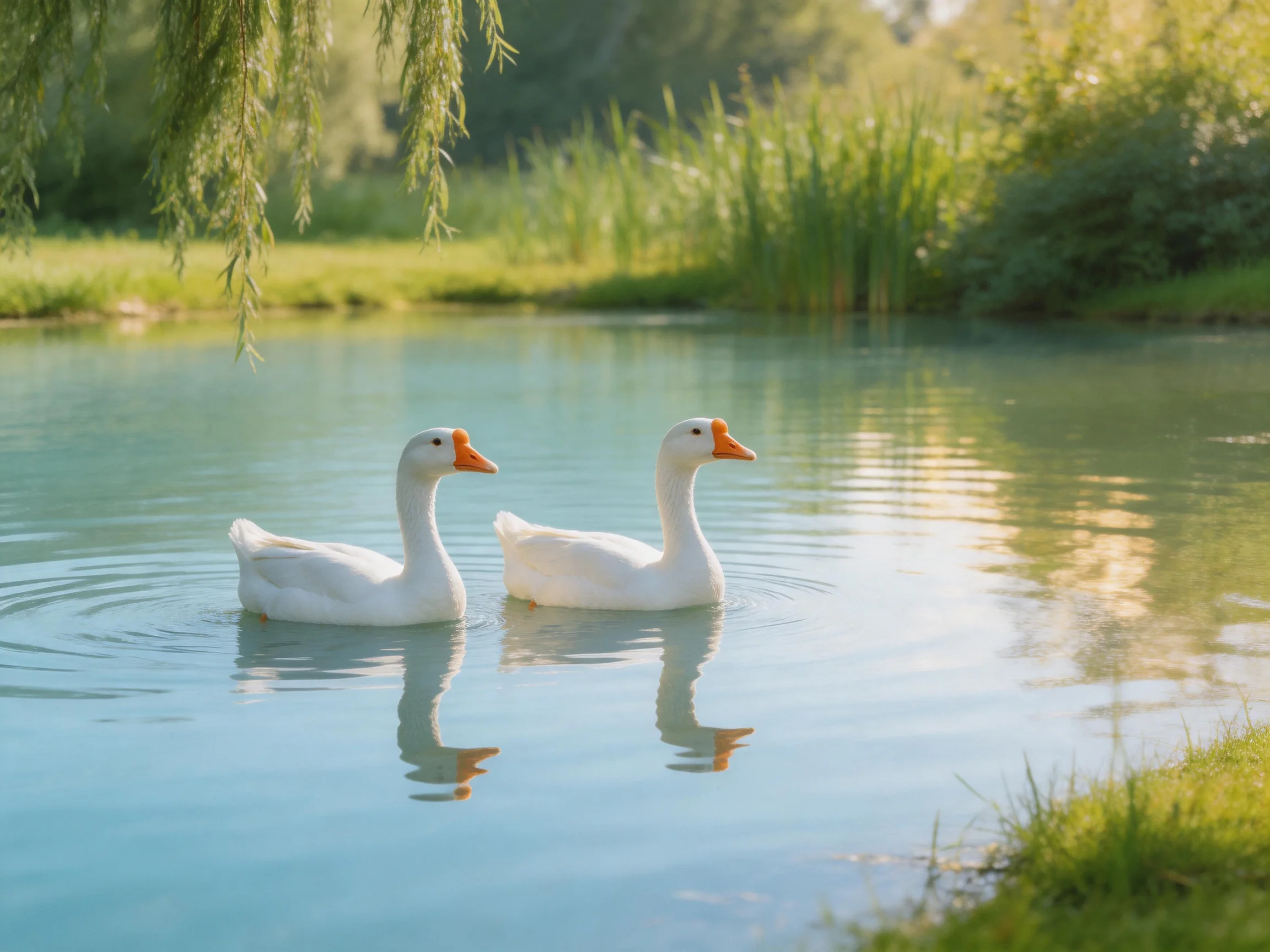 Two white geese swim in a serene pond with lush green vegetation