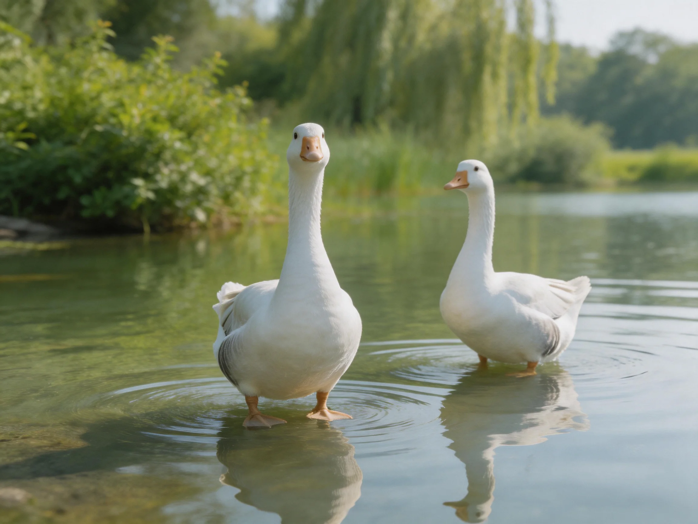 Two white geese wading in calm, greenish water near lush vegetation