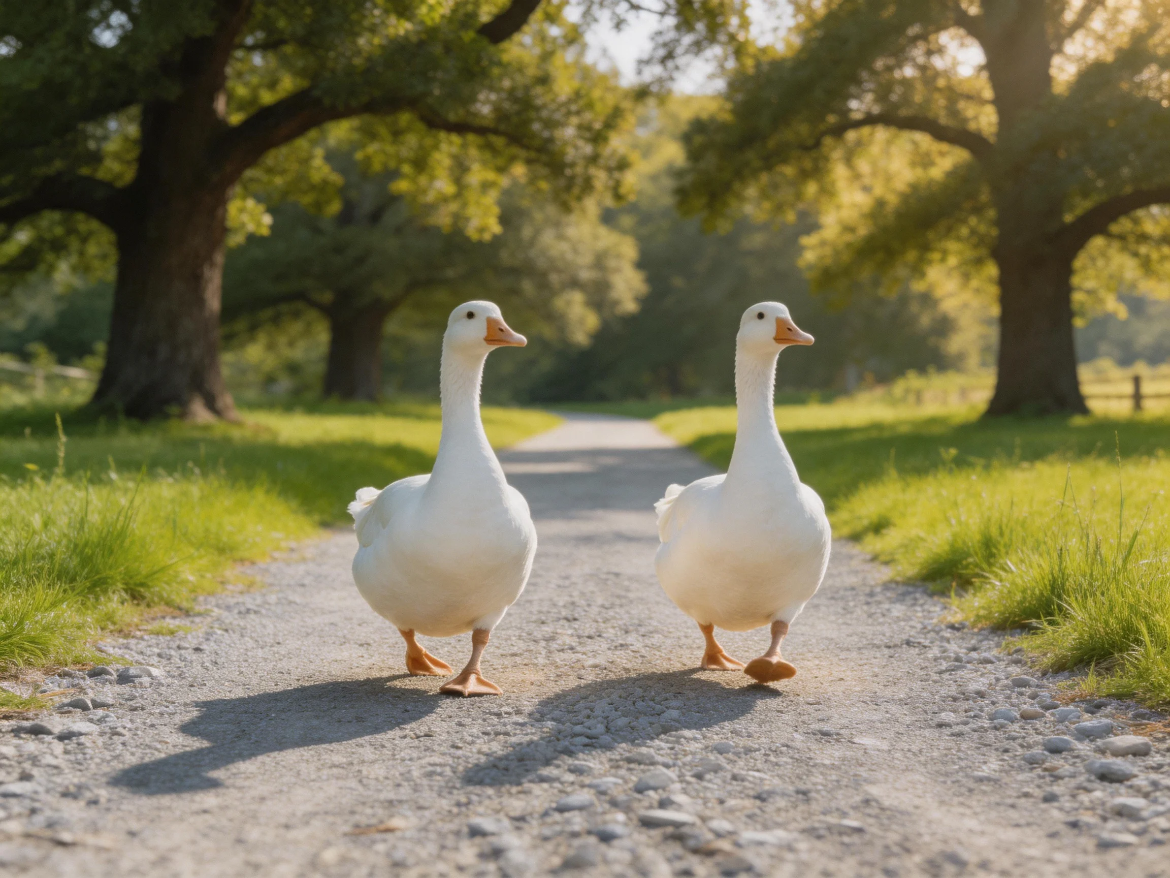Two white geese walk along a sun-dappled gravel path bordered by large trees