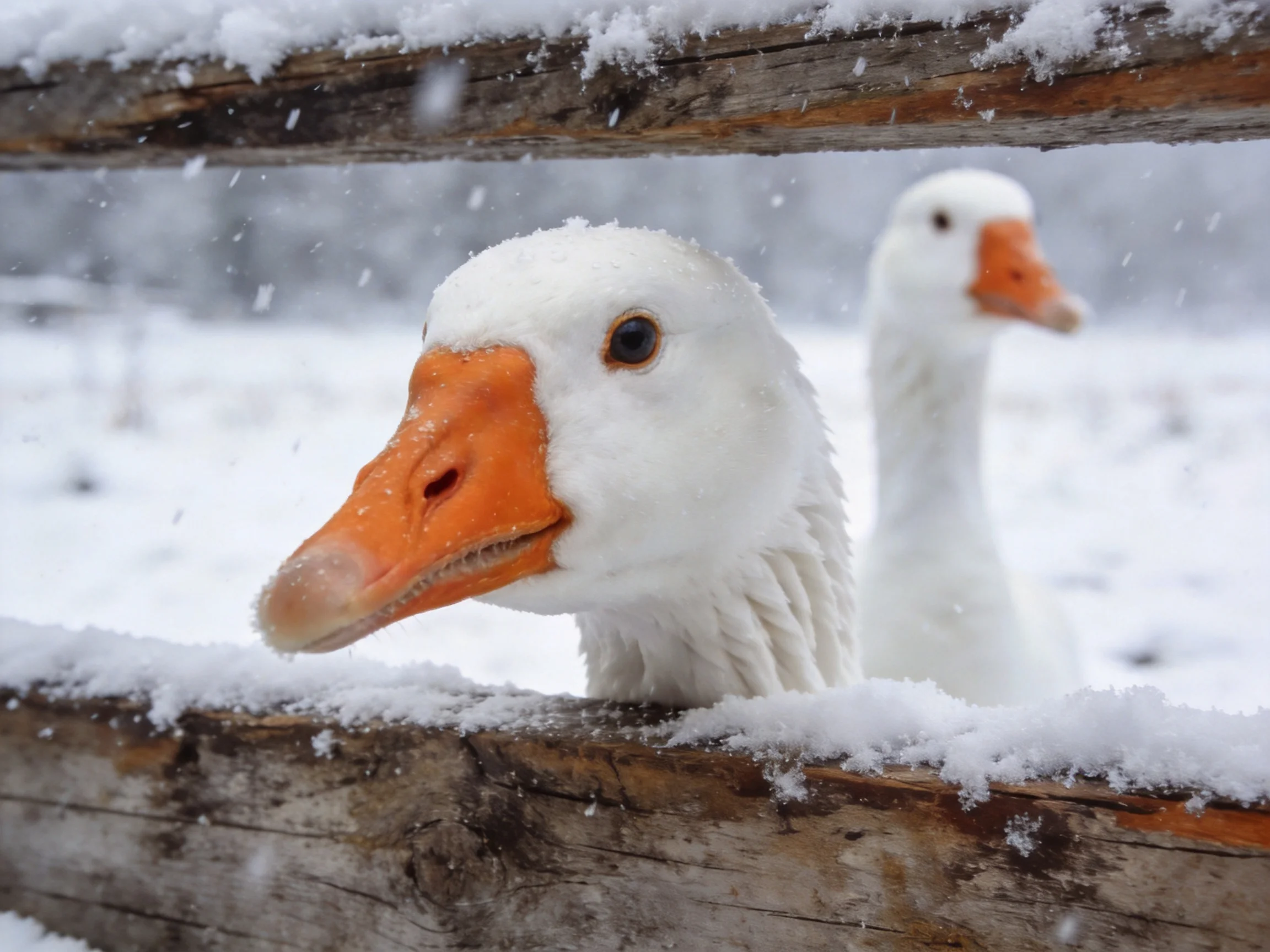 Two white geese with bright orange beaks peek through a snow-covered wooden fence in a wintry landsca
