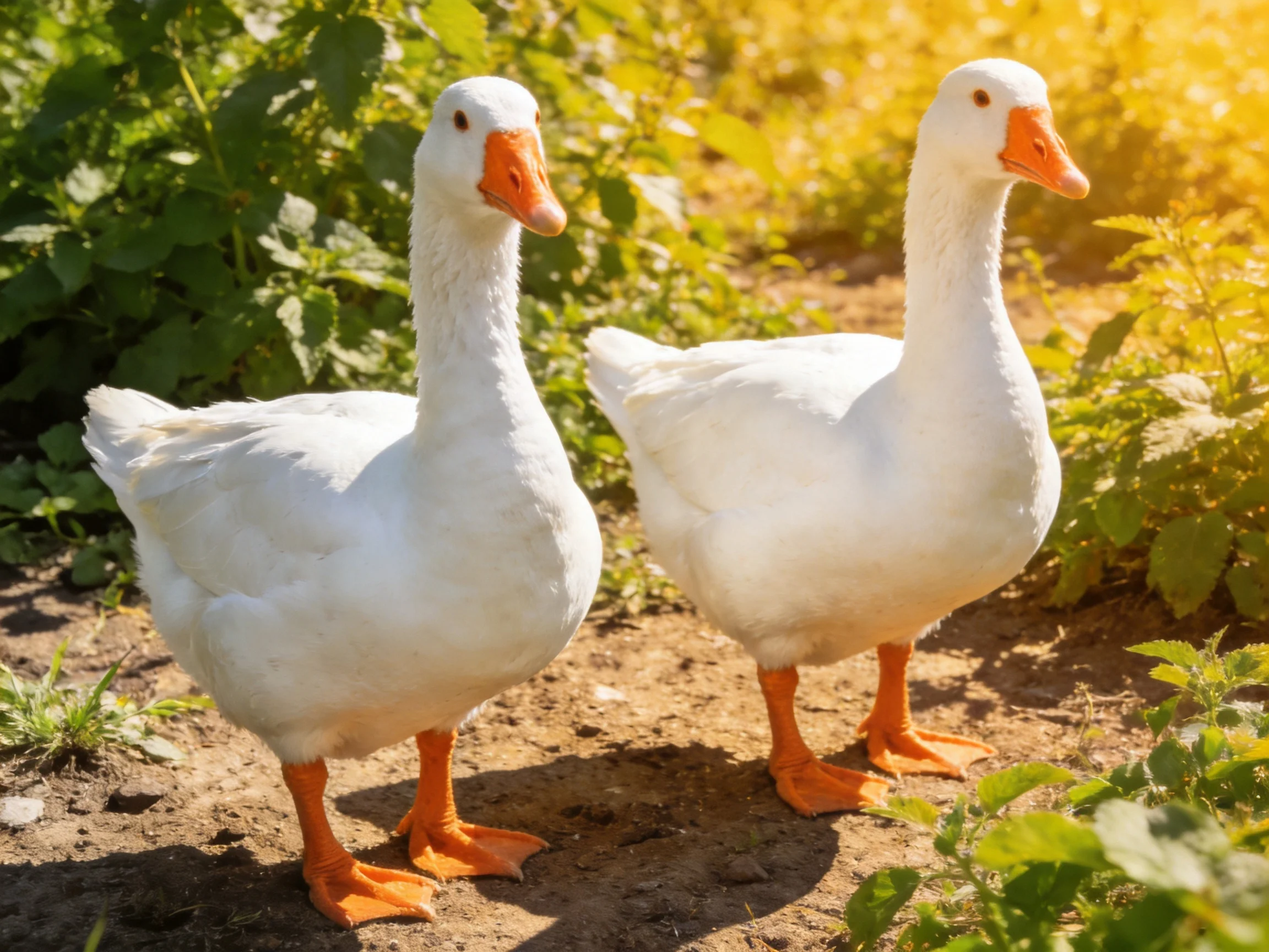 Two white geese with bright orange beaks stand near lush green plants