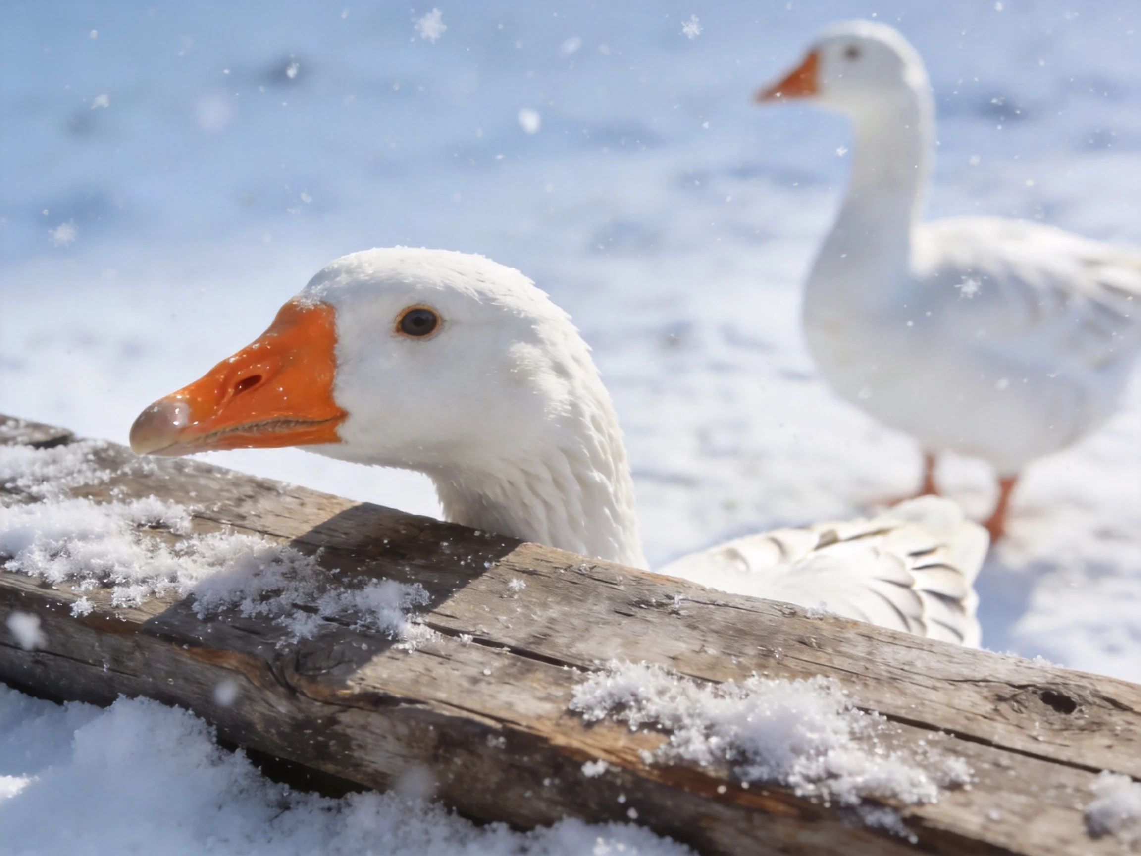 Two white geese with orange beaks near a snow-covered wooden plank in winter