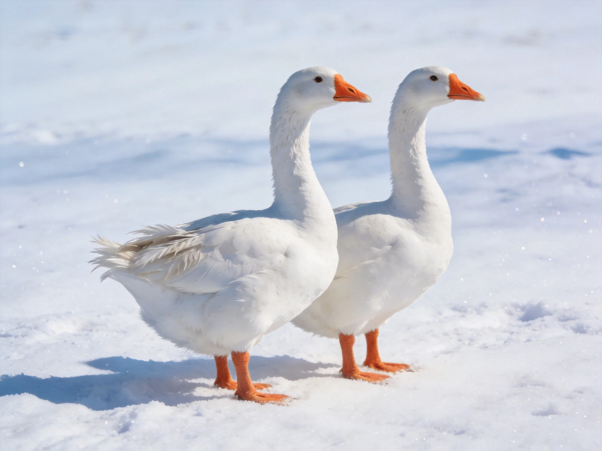 Two white geese with orange beaks on snow