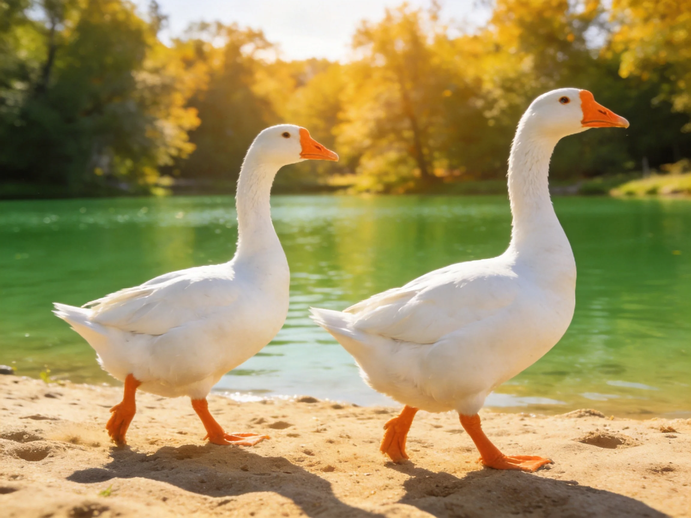 Two white geese with orange beaks walk along a sandy lakeshore