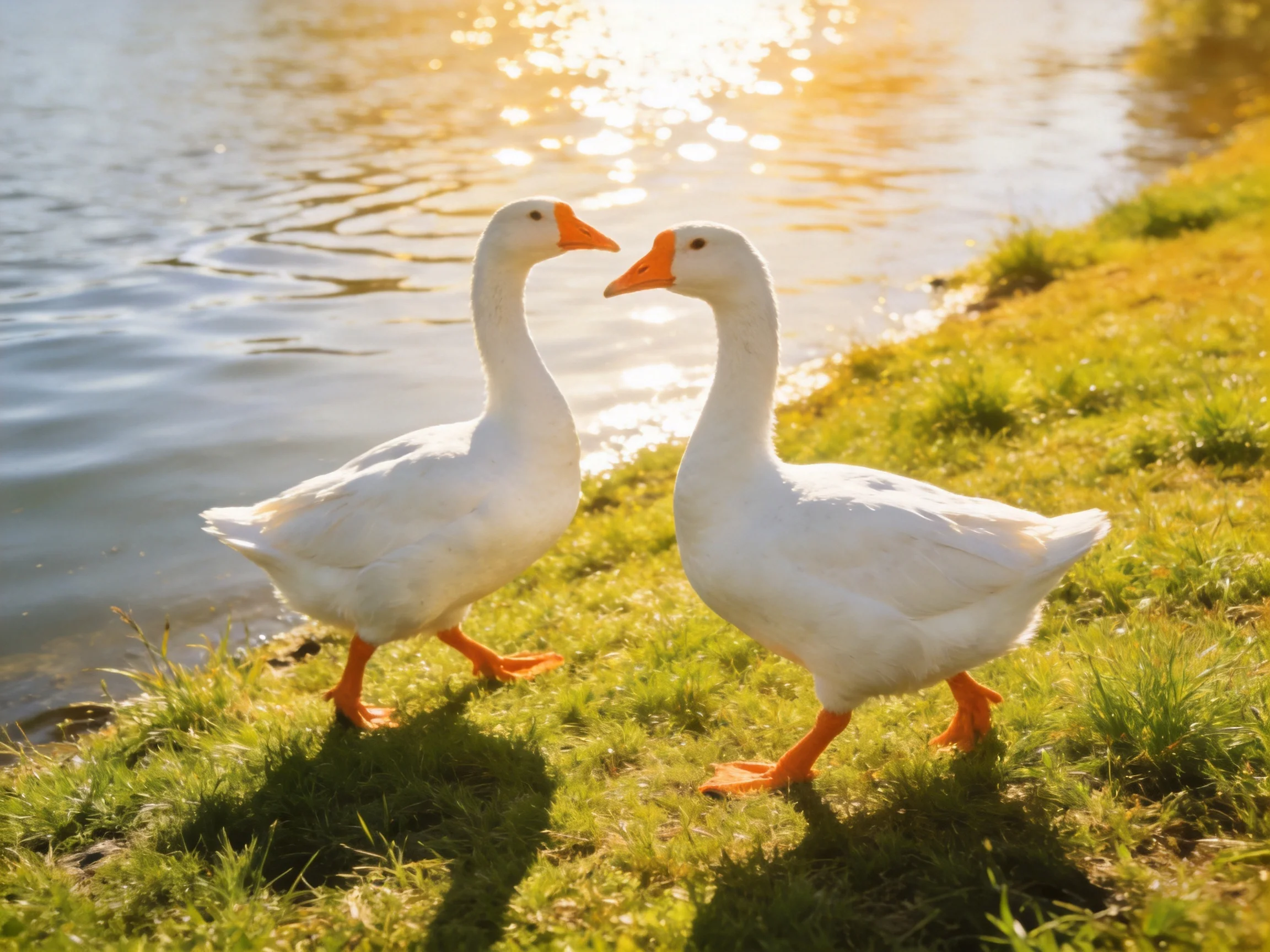 Two white geese with orange beaks walk by a sunlit riverbank