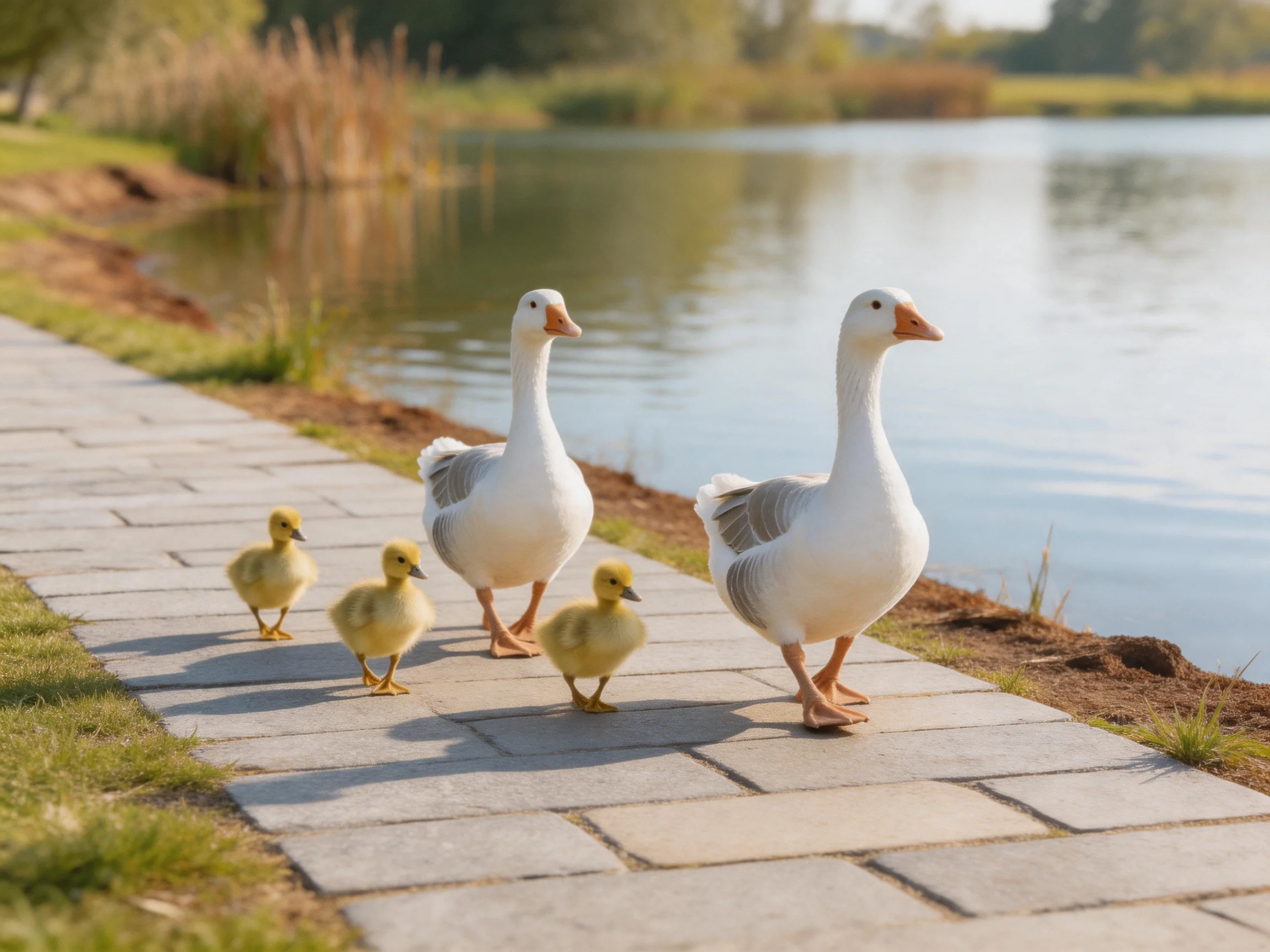 Two white geese with three yellow goslings walk on a stone path by a calm lake