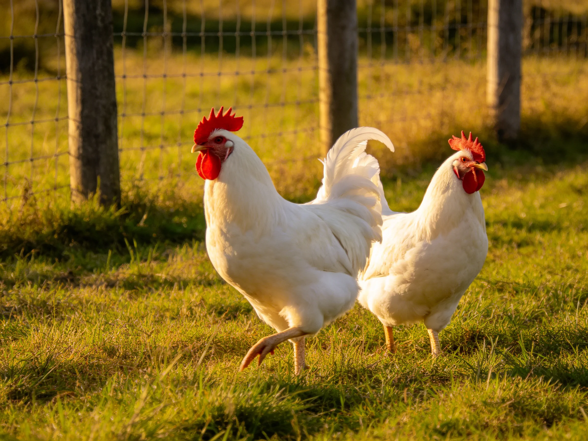 Two white roosters with red combs walk on green grass near a wire fence