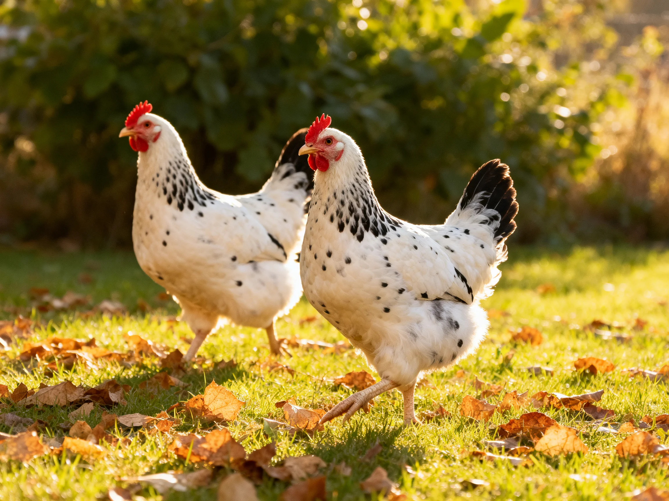Two white-speckled chickens explore sunlit grass with autumn leaves