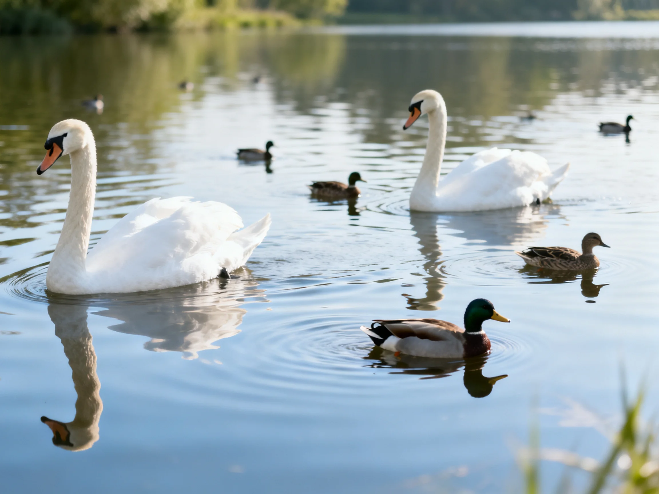 Two white swans and several ducks swim in a calm blue lake