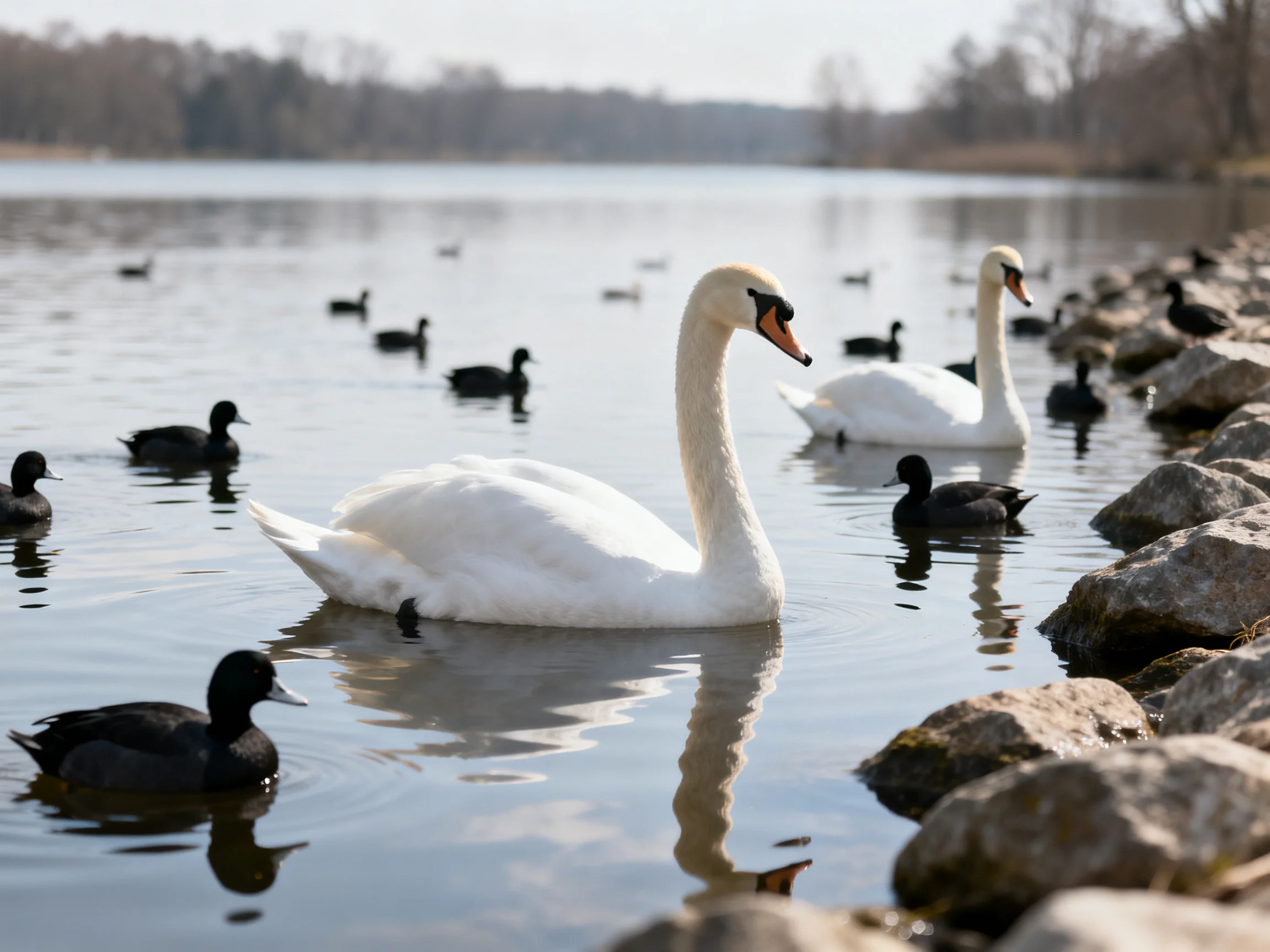 Two white swans swimming among black ducks in a calm lake with rocky shoreline