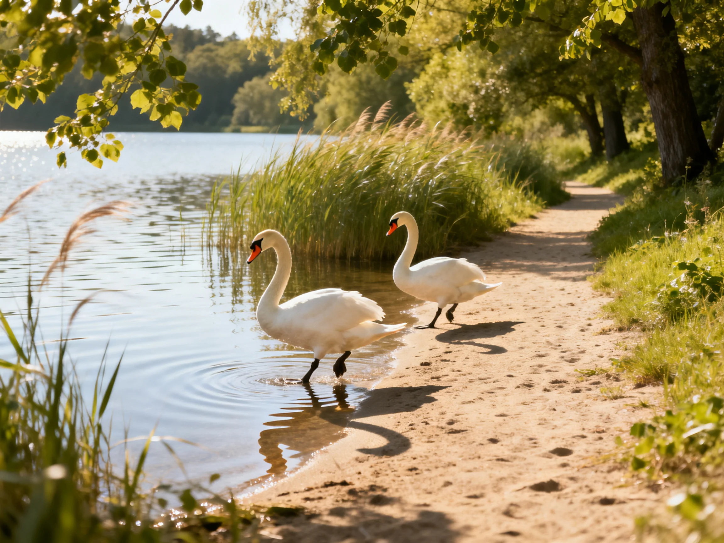 Two white swans wade near a sandy lakeside path with tall reeds