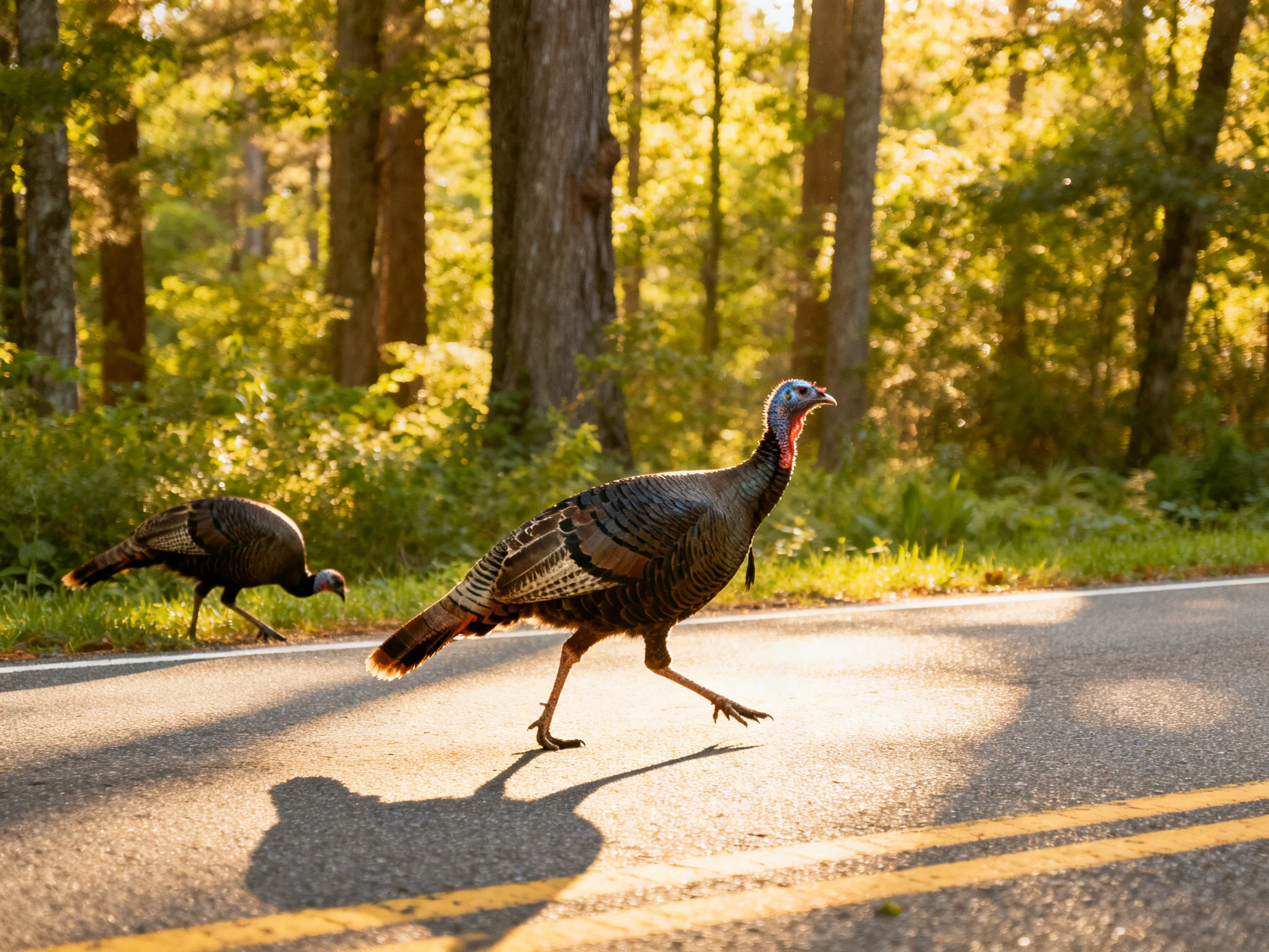 Two wild turkeys cross a sunlit forest road amid tall trees