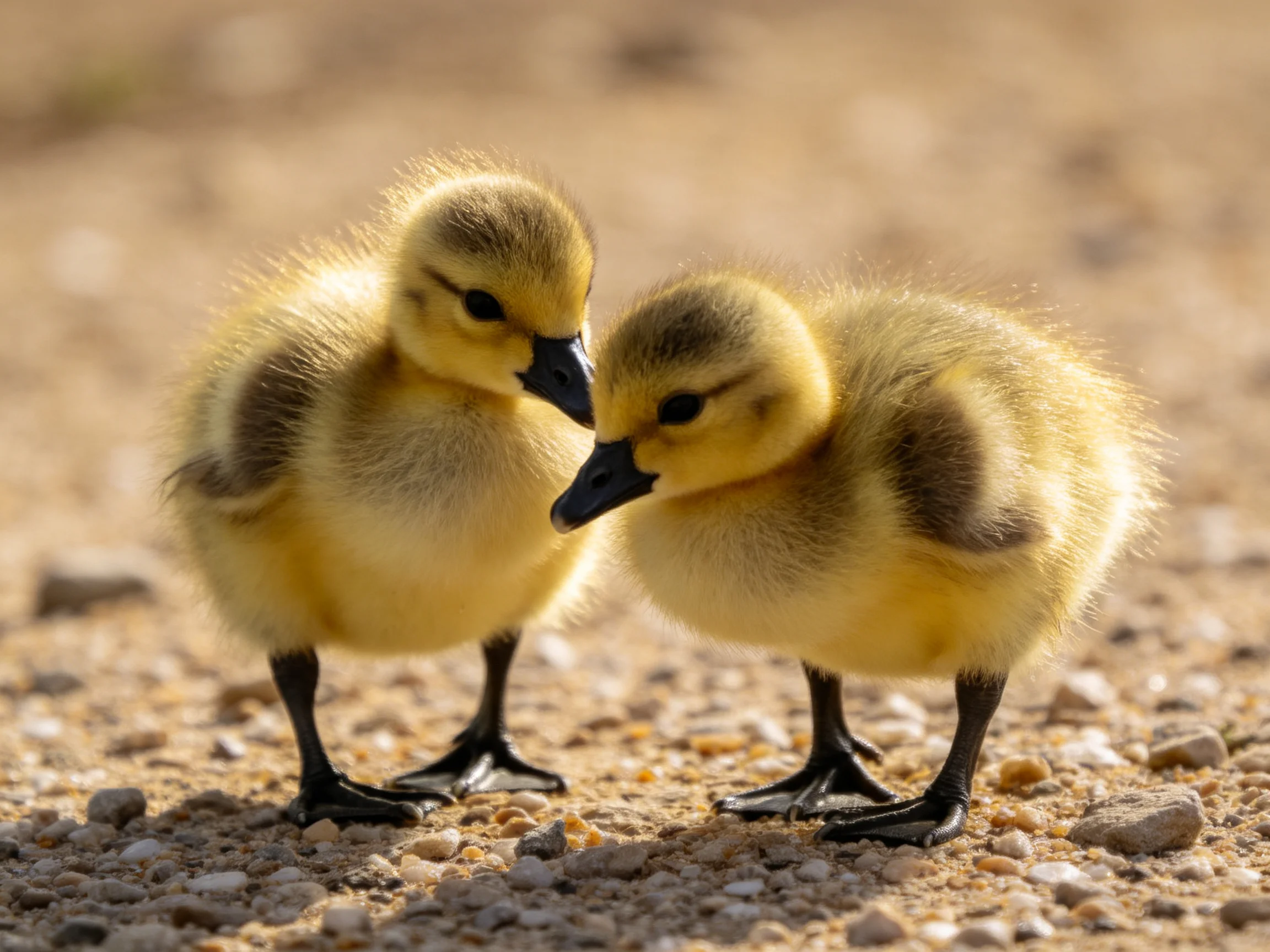 Two yellow ducklings nuzzle closely on a pebbly ground
