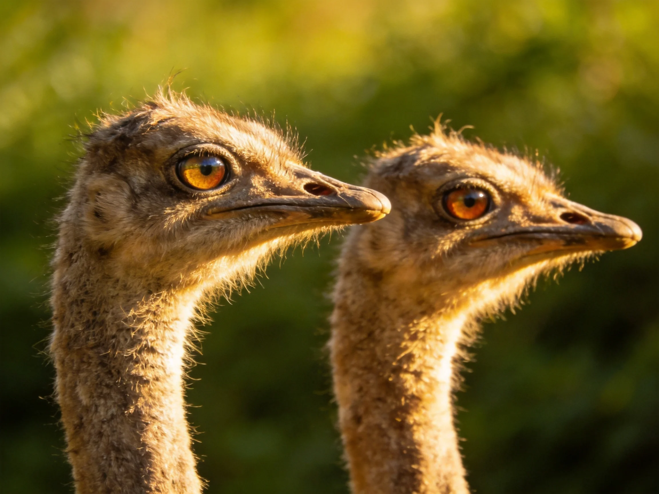 Two young ostriches with golden eyes in warm natural light