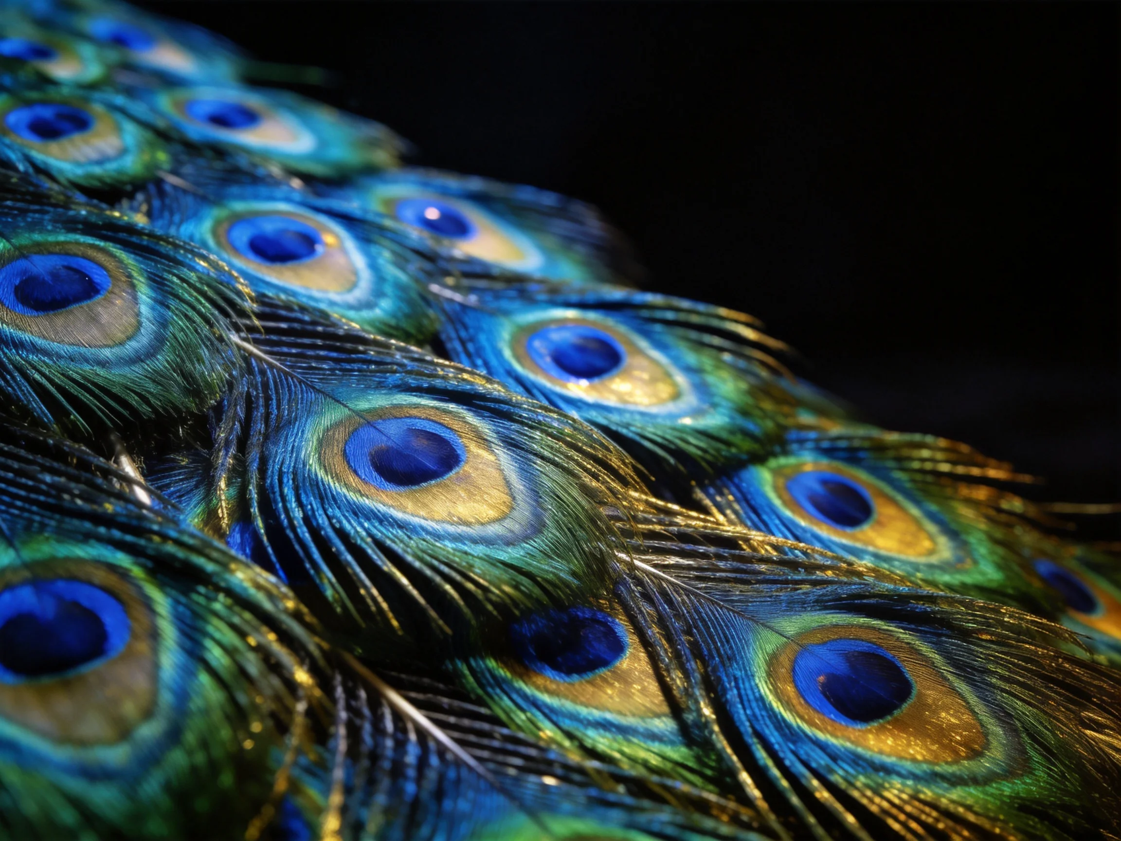 Vibrant blue, green, and gold peacock feather display