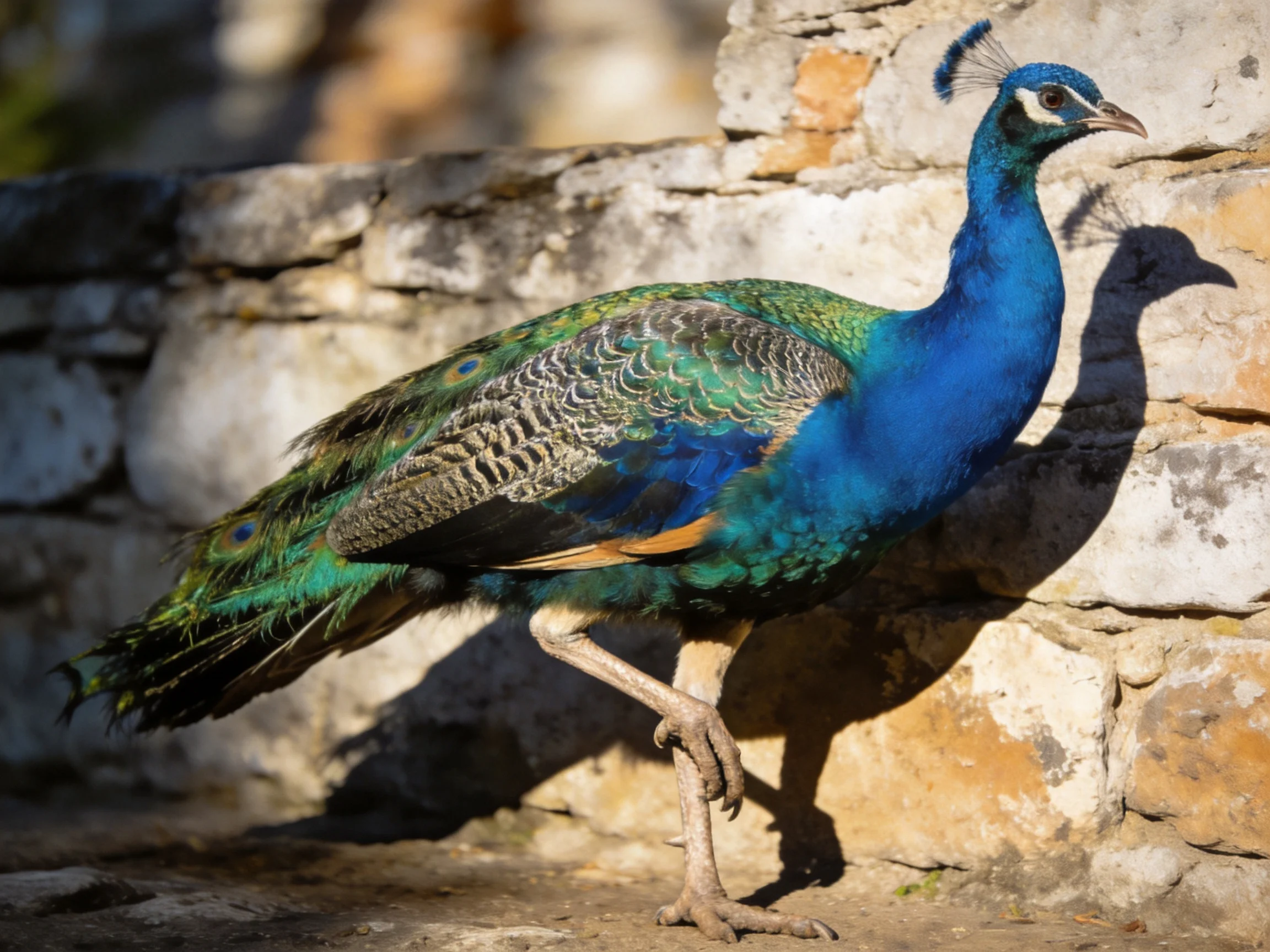 Vibrant blue peacock with colorful feathers near an aged stone wall