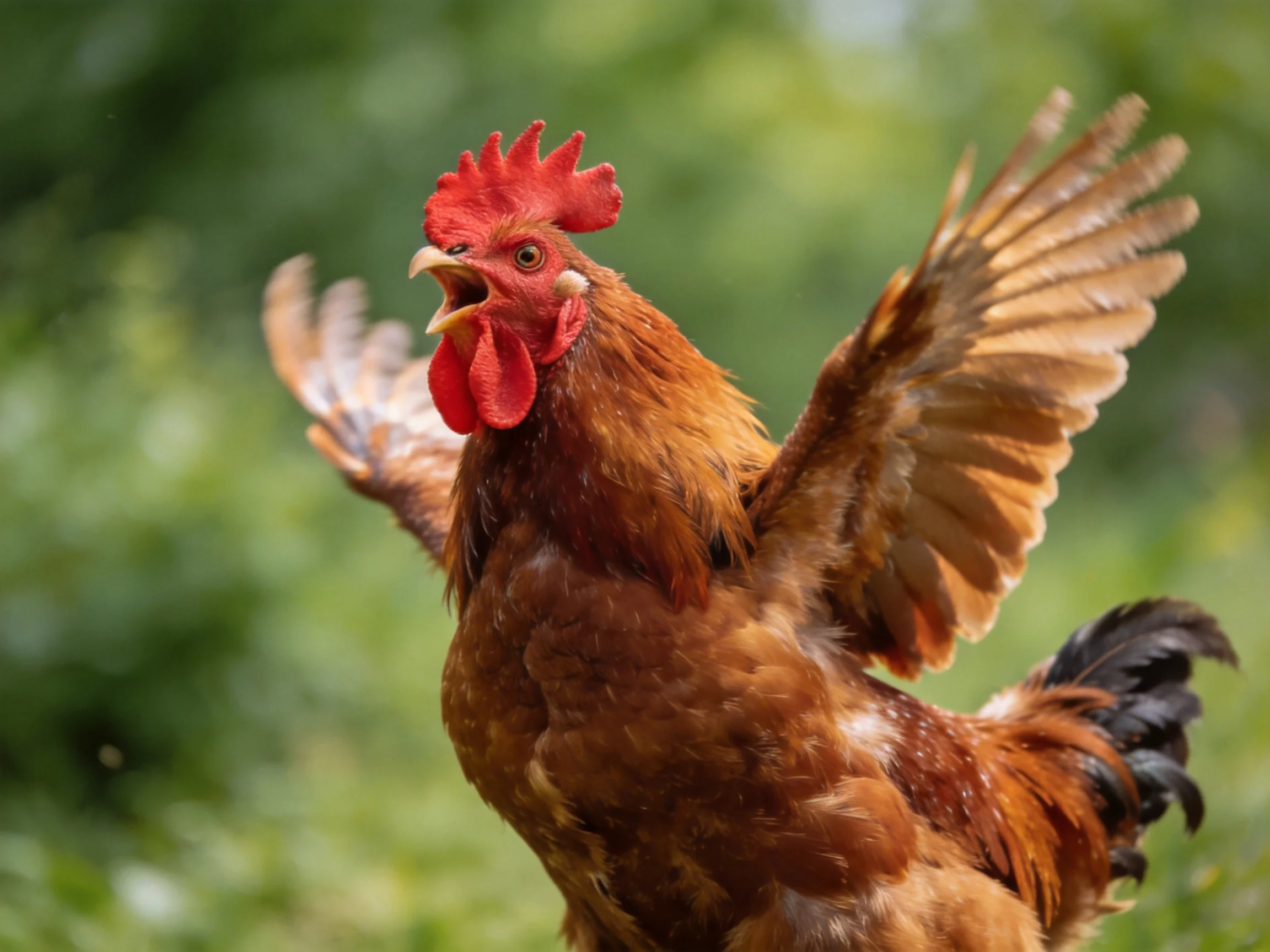 Vibrant brown rooster spreads wings, displaying bright red comb