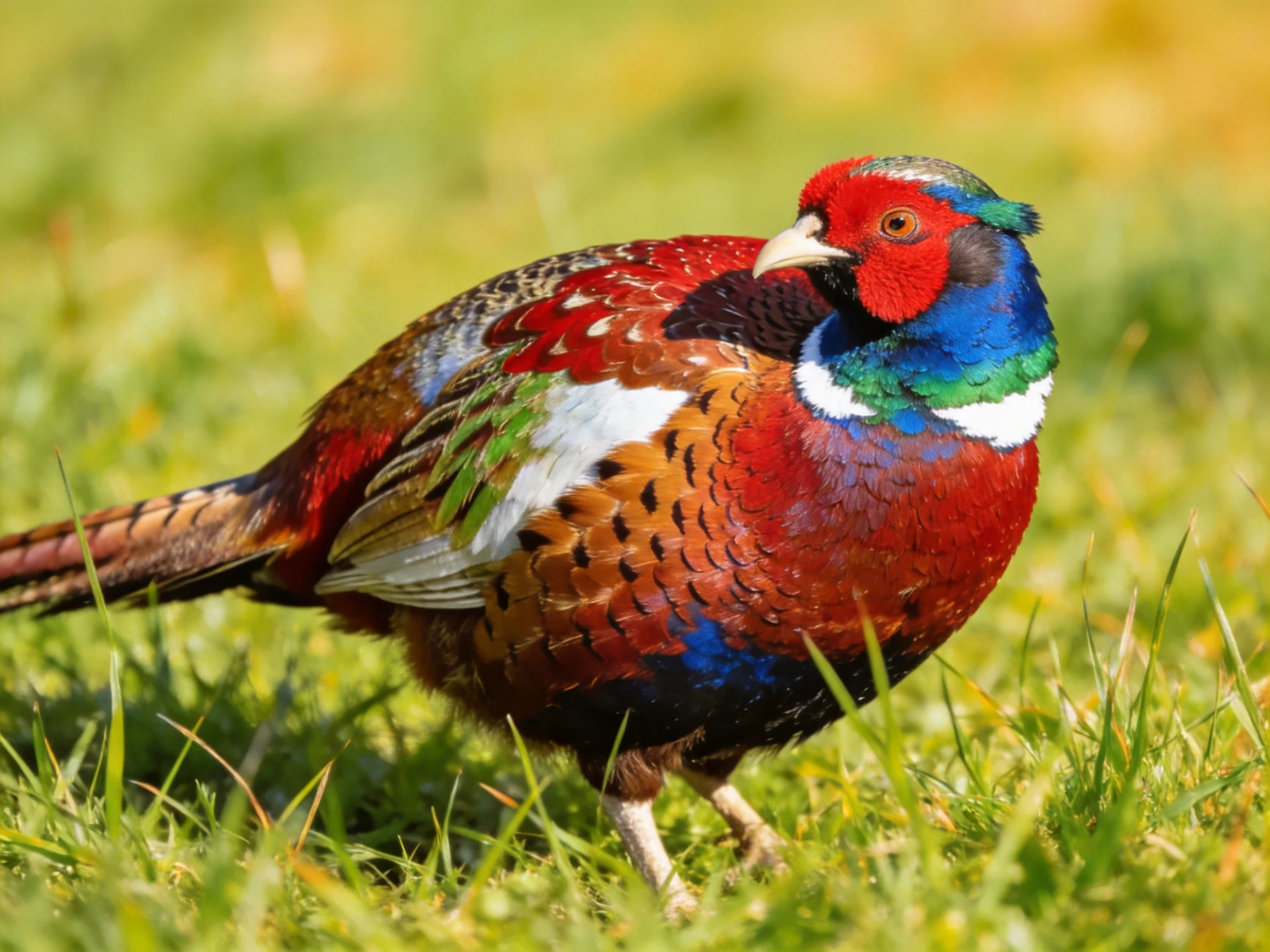 Vibrant-colored pheasant perched on lush green grass